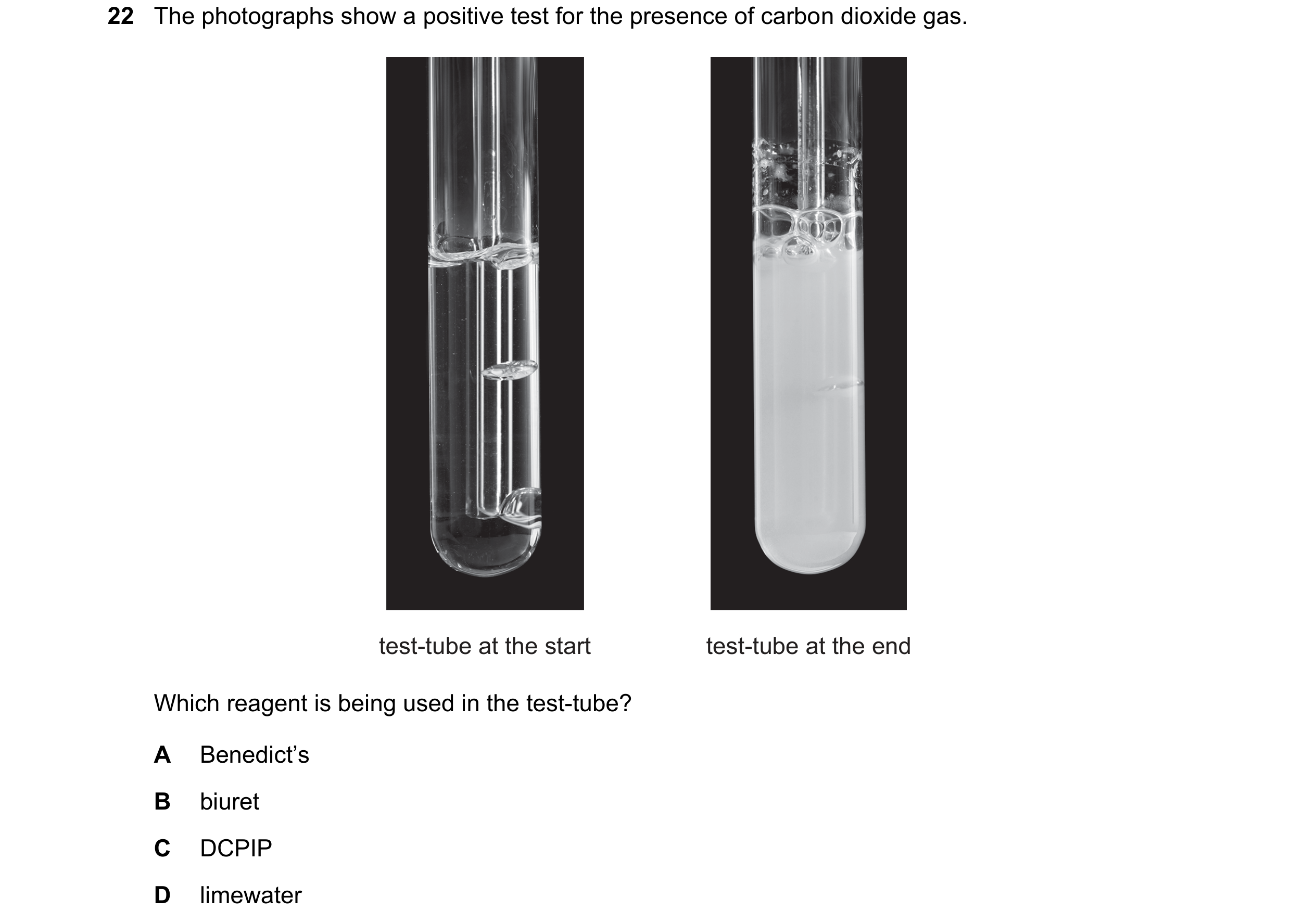 Question 13: The photographs show a positive test for the presence of carbon dioxide gas. test-tube at the start test-tube at the end Which reagent is b…