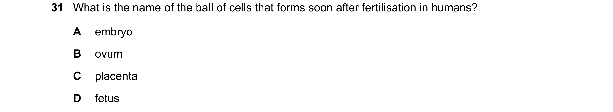 Question 18: What is the name of the ball of cells that forms soon after fertilisation in humans? A embryo B ovum C placenta D fetus