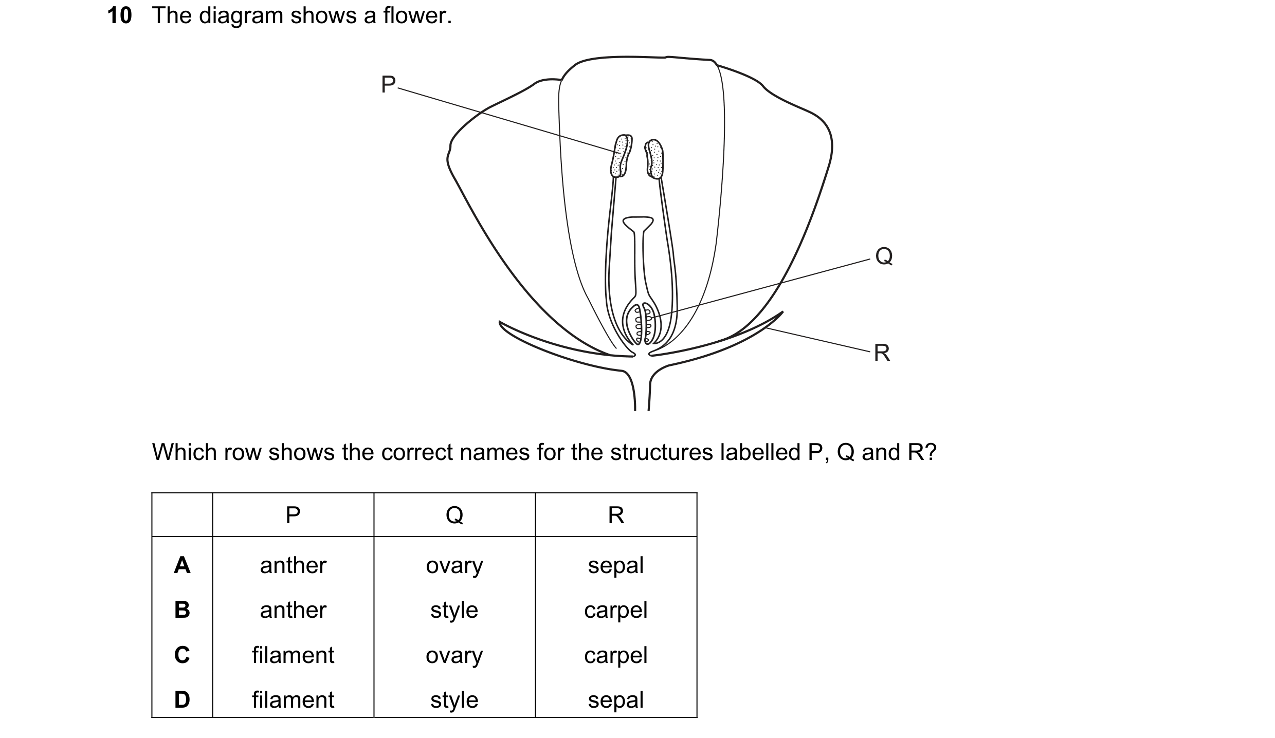 Question 10: The diagram shows a flower. P Q R Which row shows the correct names for the structures labelled P, Q and R? P Q R A anther ovary sepal B an…