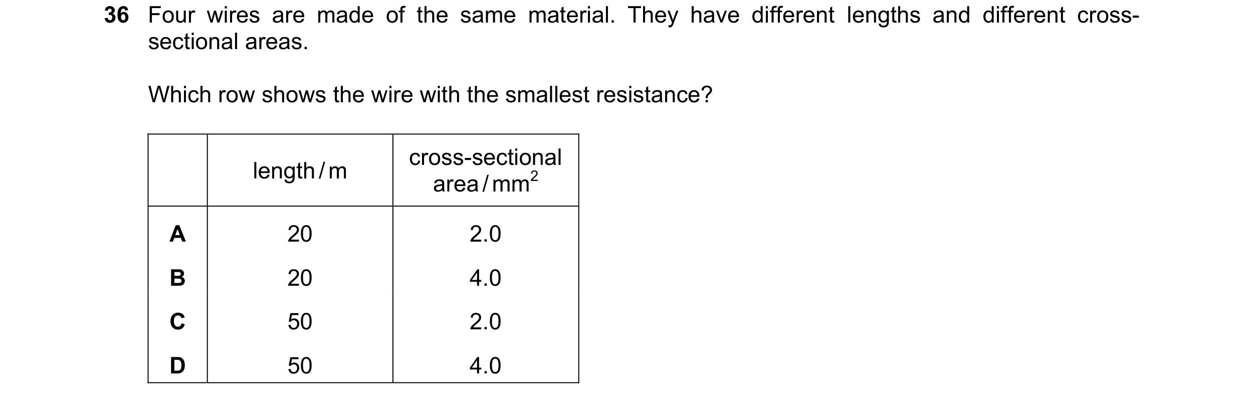 Question 26: Four wires are made of the same material. They have different lengths and different cross- sectional areas. Which row shows the wire with t…