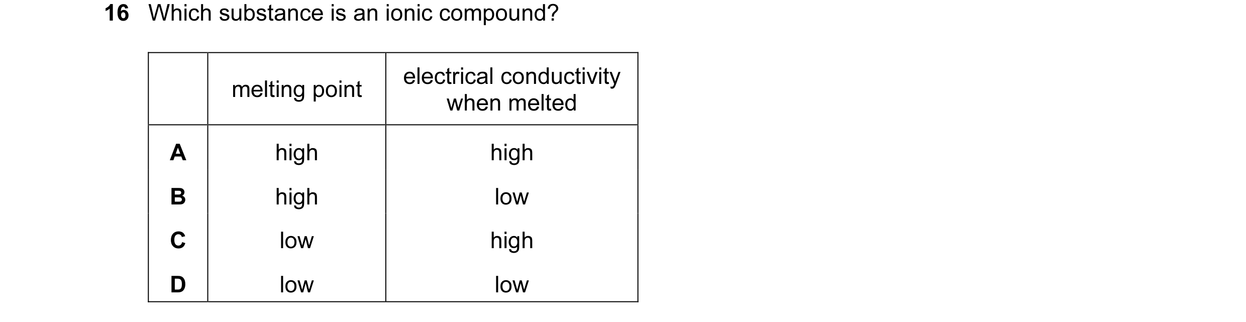 Question 4: Which substance is an ionic compound? electrical conductivity melting point when melted A high high B high low C low high D low low