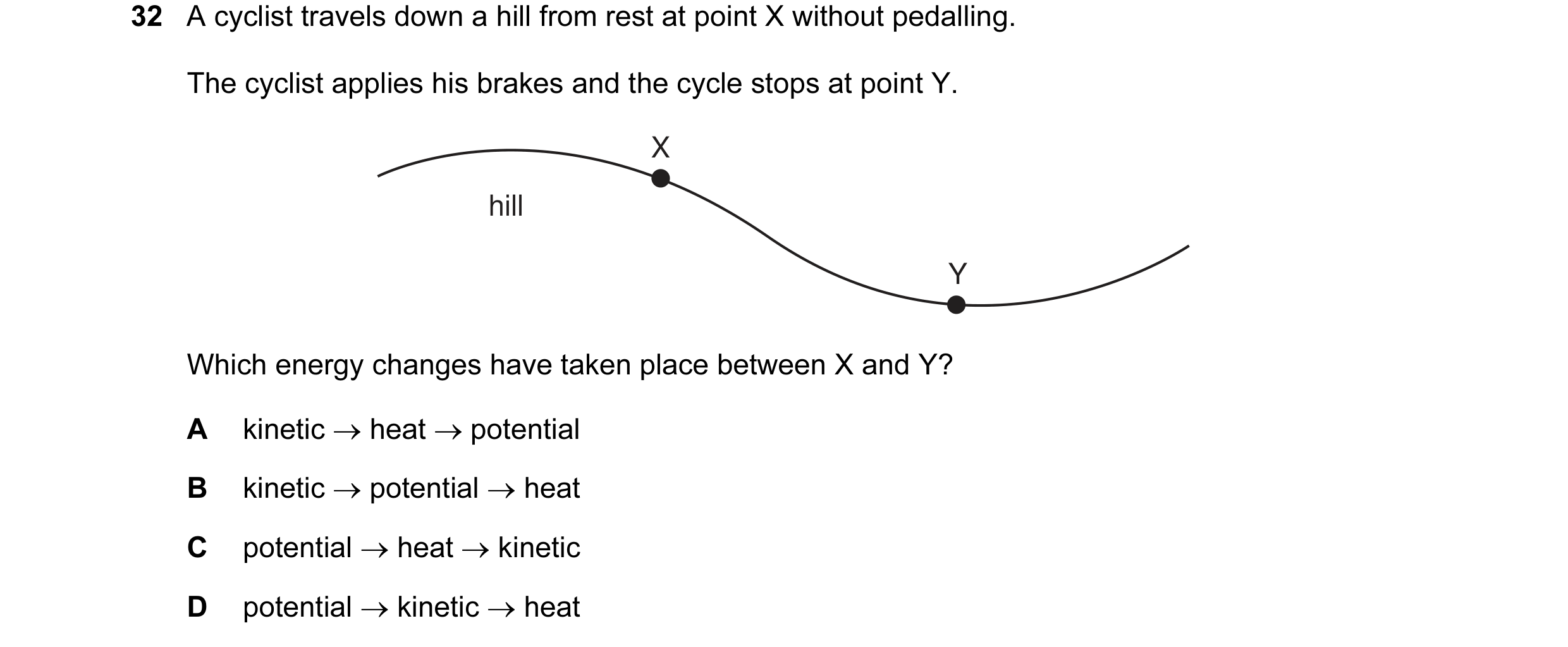 Question 5: A cyclist travels down a hill from rest at point X without pedalling. The cyclist applies his brakes and the cycle stops at point Y. X hill…