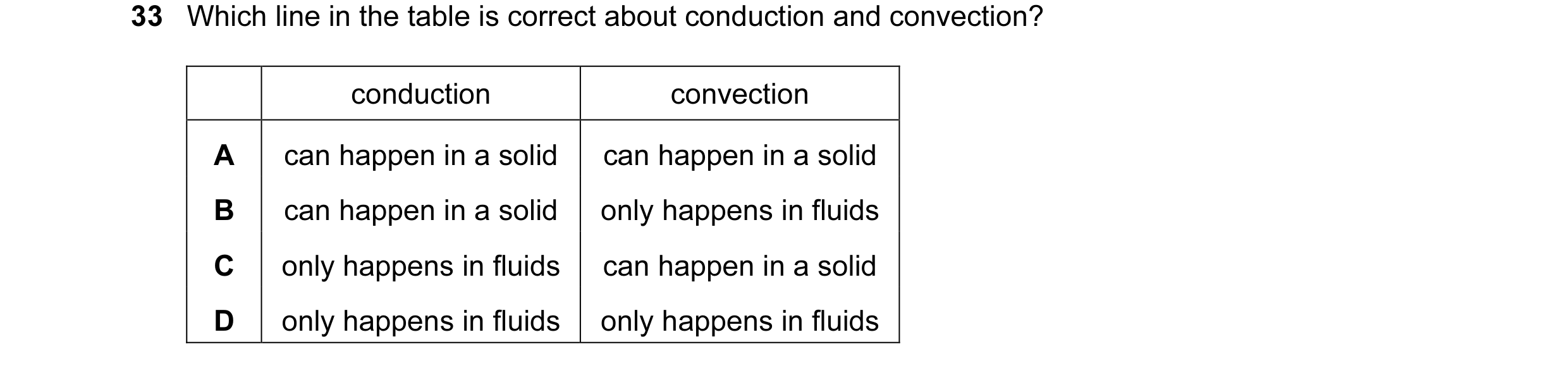 Question 4: Which line in the table is correct about conduction and convection? conduction convection A can happen in a solid can happen in a solid B c…