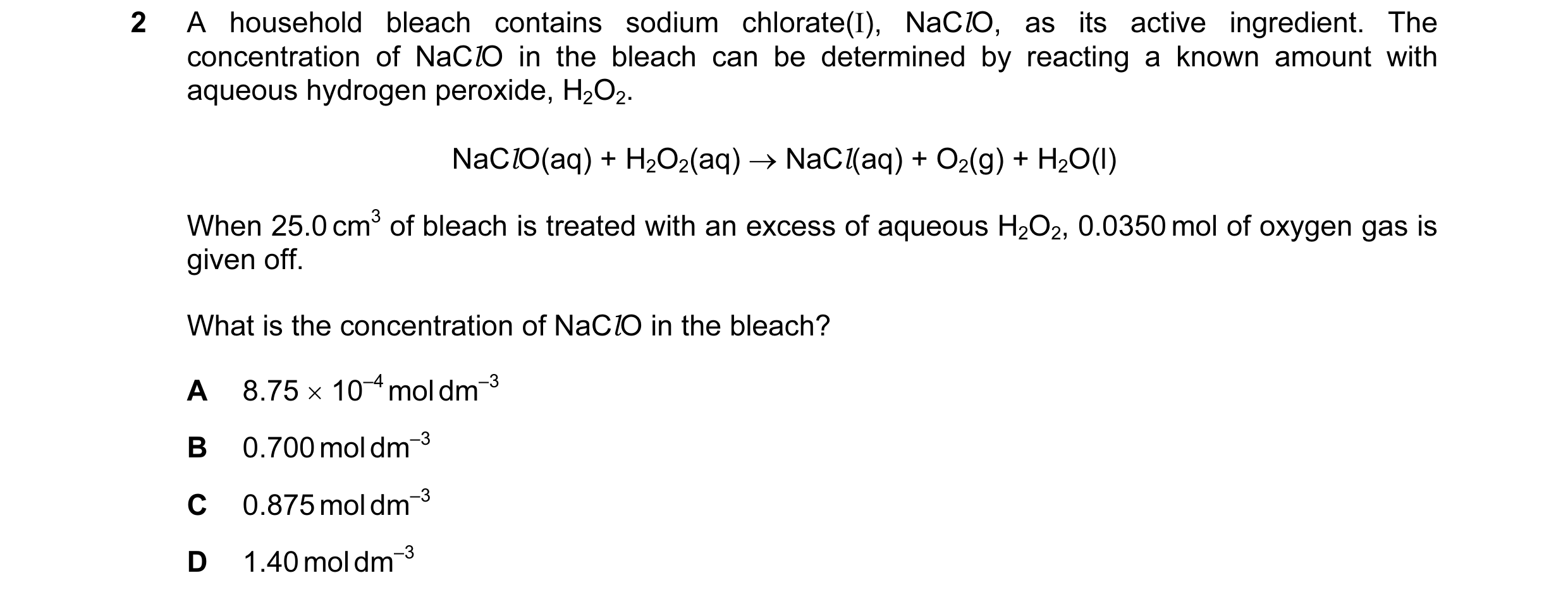 Question 19: A household bleach contains sodium chlorate(I), NaClO, as its active ingredient. The concentration of NaClO in the bleach can be determined…