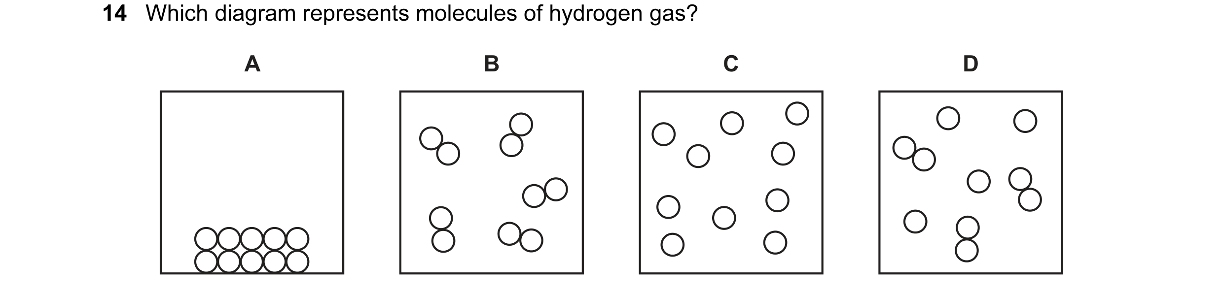 Question 1: Which diagram represents molecules of hydrogen gas? A B C D