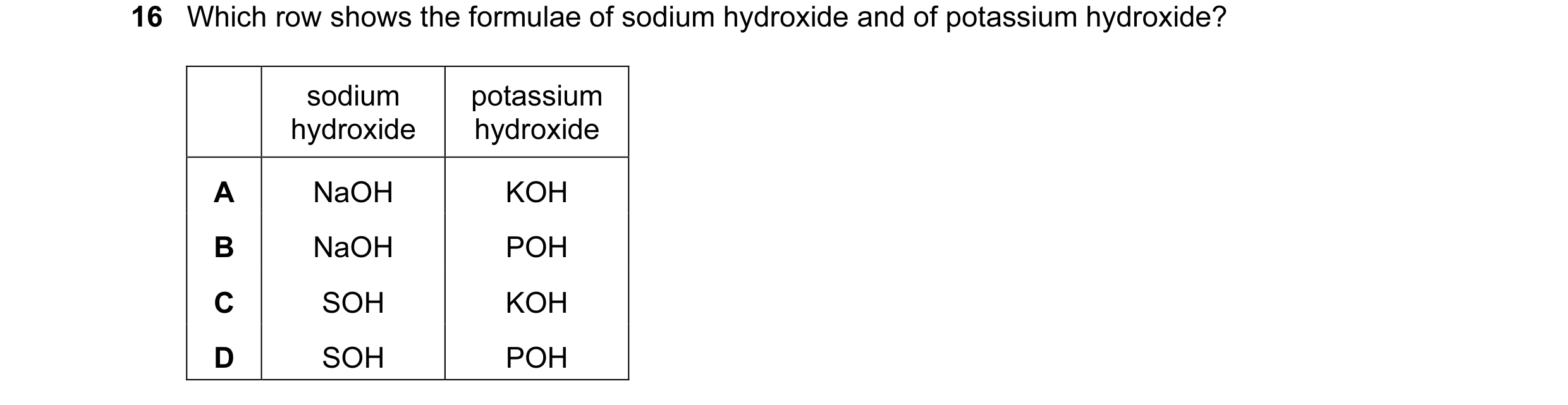 Question 1: Which row shows the formulae of sodium hydroxide and of potassium hydroxide? sodium potassium hydroxide hydroxide A NaOH KOH B NaOH POH C S…