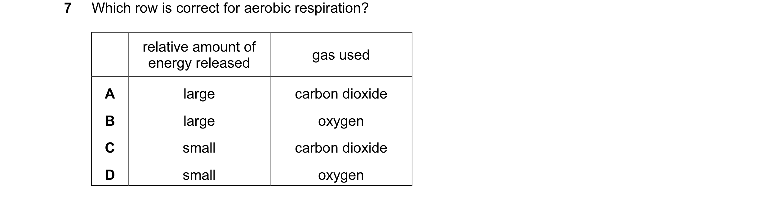 Question 1: Which row is correct for aerobic respiration? relative amount of gas used energy released A large carbon dioxide B large oxygen C small car…