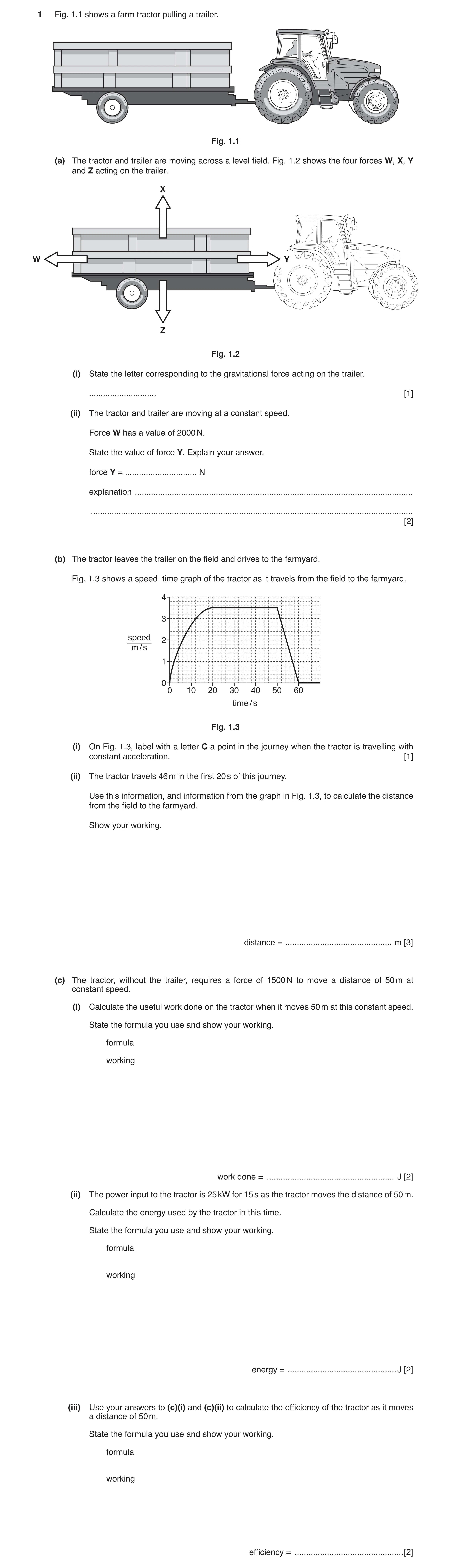 Question 8: Fig. 1.1 shows a farm tractor pulling a trailer. Fig. 1.1 (a) The tractor and trailer are moving across a level field. Fig. 1.2 shows the f…
