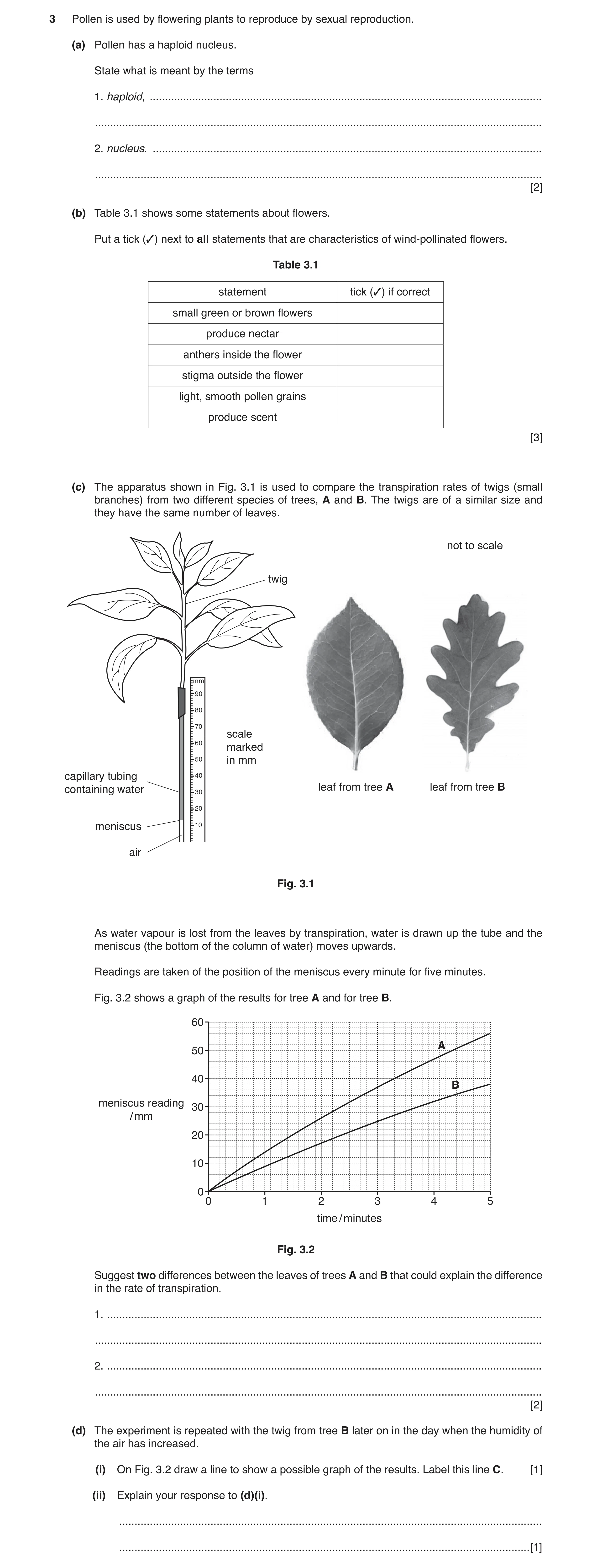 Question 3: Pollen is used by flowering plants to reproduce by sexual reproduction. (a) Pollen has a haploid nucleus. State what is meant by the terms …