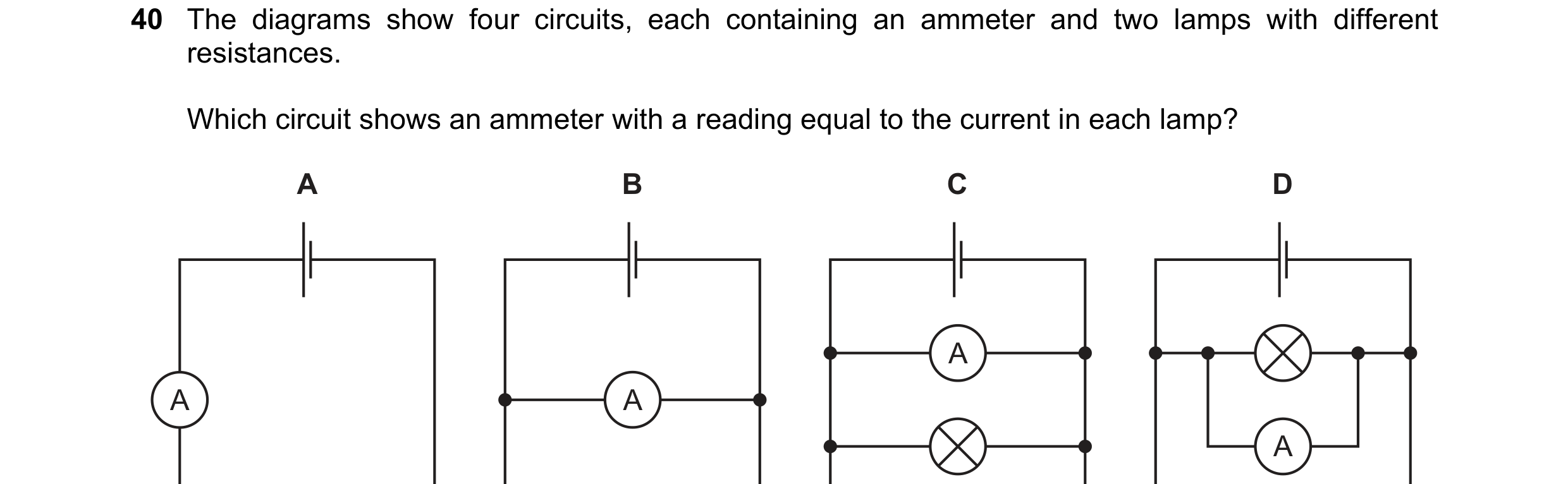 Question 12: The diagrams show four circuits, each containing an ammeter and two lamps with different resistances. Which circuit shows an ammeter with a…