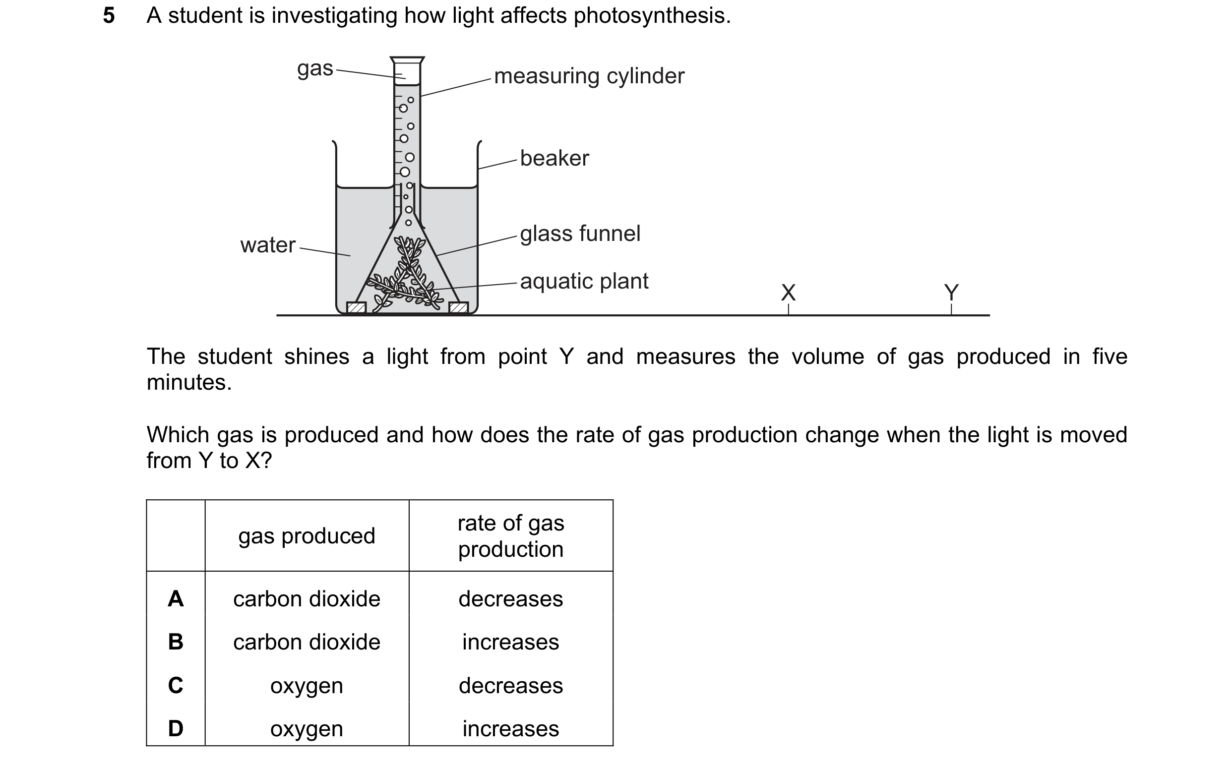 Question 10: A student is investigating how light affects photosynthesis. gas measuring cylinder beaker glass funnel water aquatic plant X Y The student…