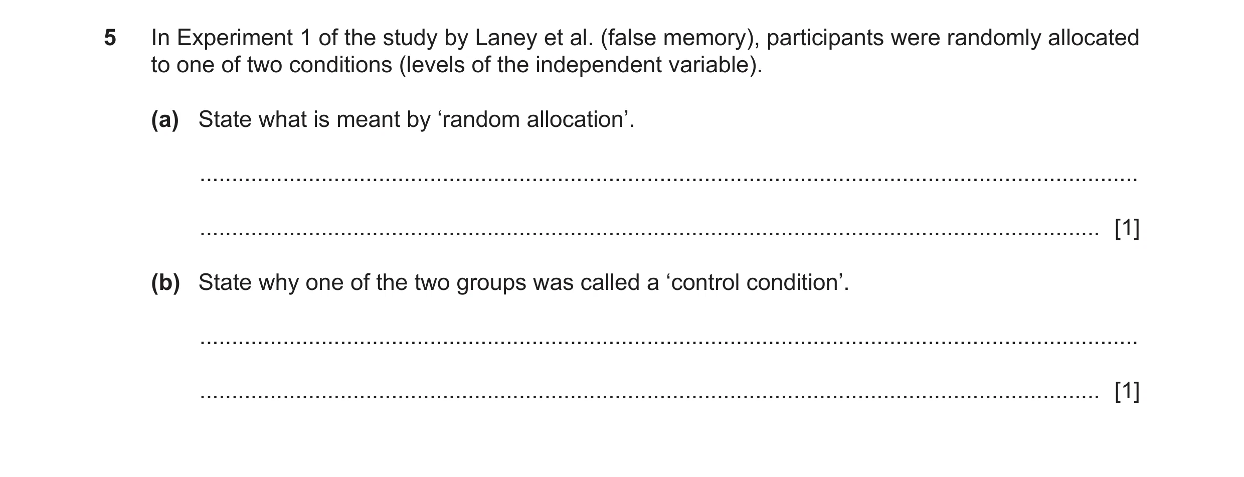 Question 354: In Experiment 1 of the study by Laney et al. (false memory), participants were randomly allocated to one of two conditions (levels of the i…