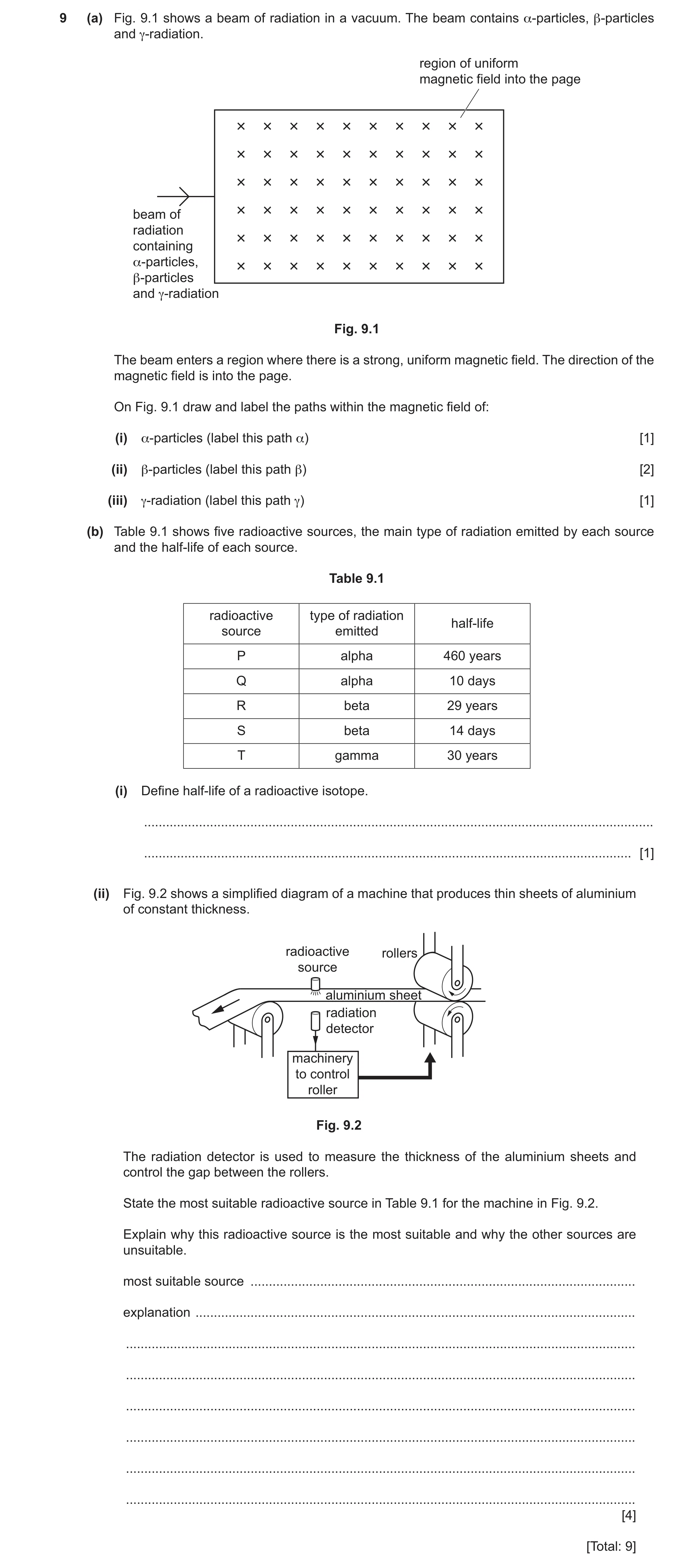 Question 65: (a) Fig. 9.1 shows a beam of radiation in a vacuum. The beam contains α‑particles, β‑particles and γ‑radiation. region of uniform magnetic …