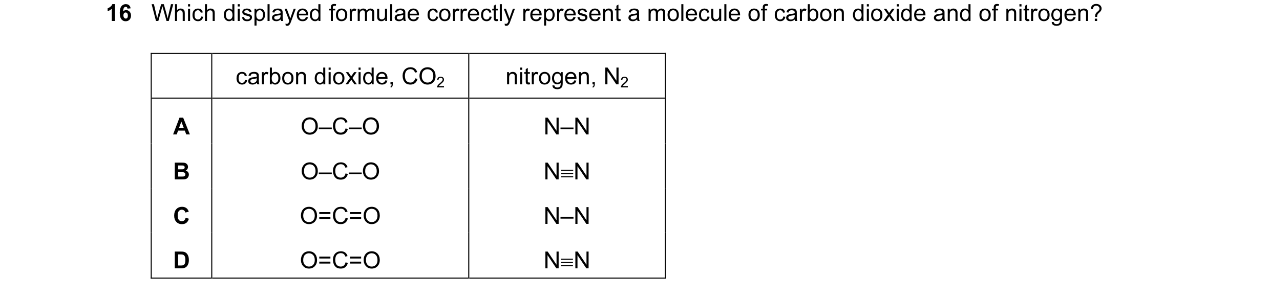 Question 5: Which displayed formulae correctly represent a molecule of carbon dioxide and of nitrogen? carbon dioxide, CO2 nitrogen, N2 A O–C–O N–N B O…