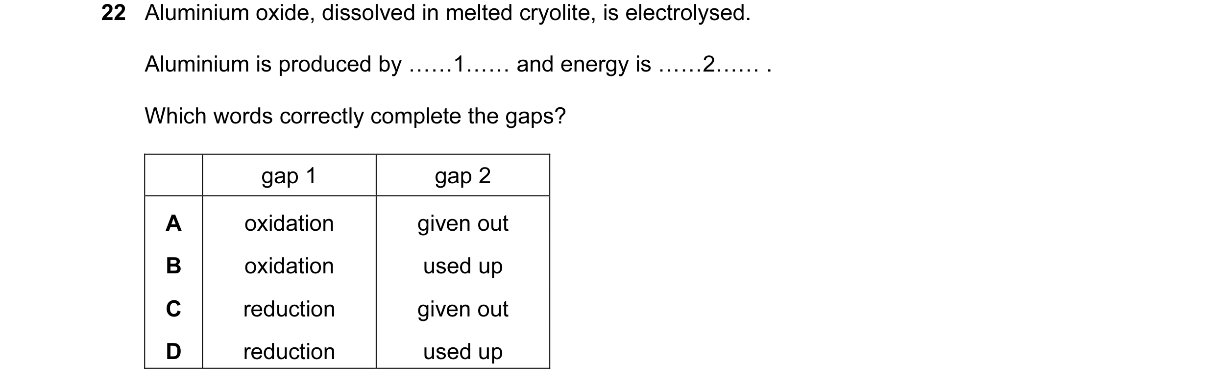 Question 6: Aluminium oxide, dissolved in melted cryolite, is electrolysed. Aluminium is produced by ……1…… and energy is ……2…… . Which words correctly …