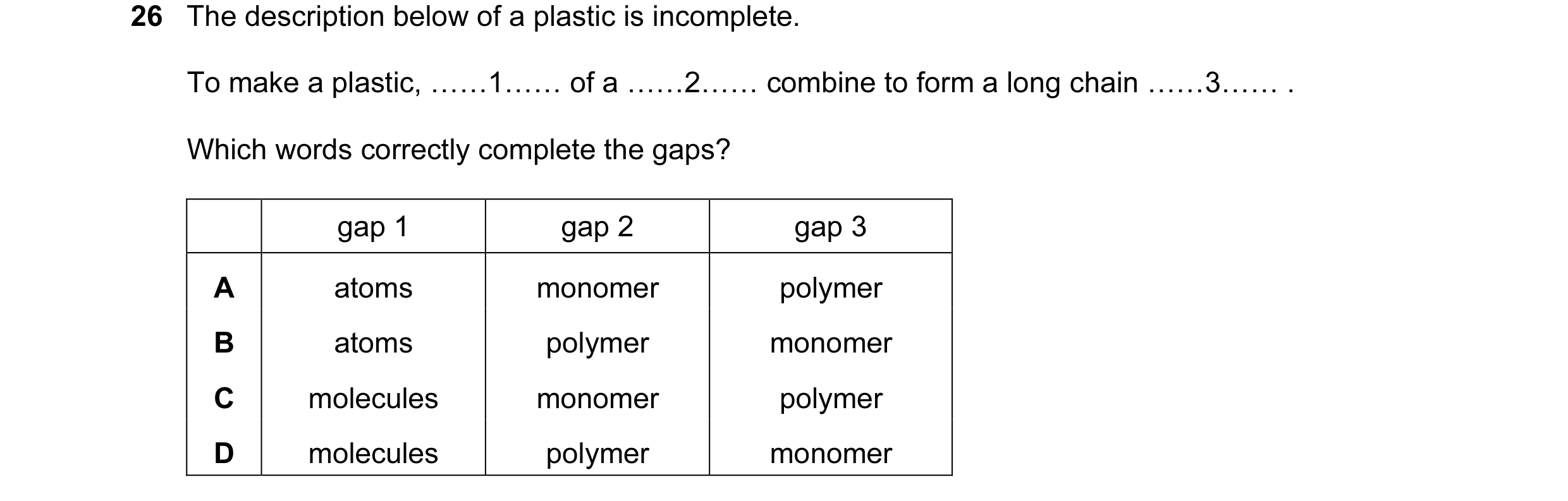 Question 5: The description below of a plastic is incomplete. To make a plastic, ……1…… of a ……2…… combine to form a long chain ……3…… . Which words corr…