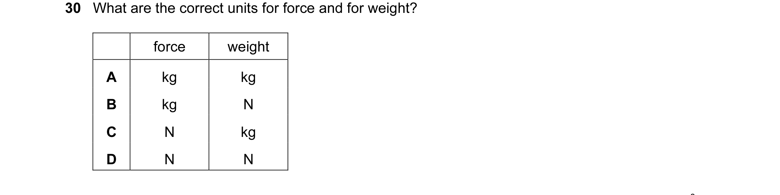 Question 3: What are the correct units for force and for weight? force weight A kg kg B kg N C N kg D N N