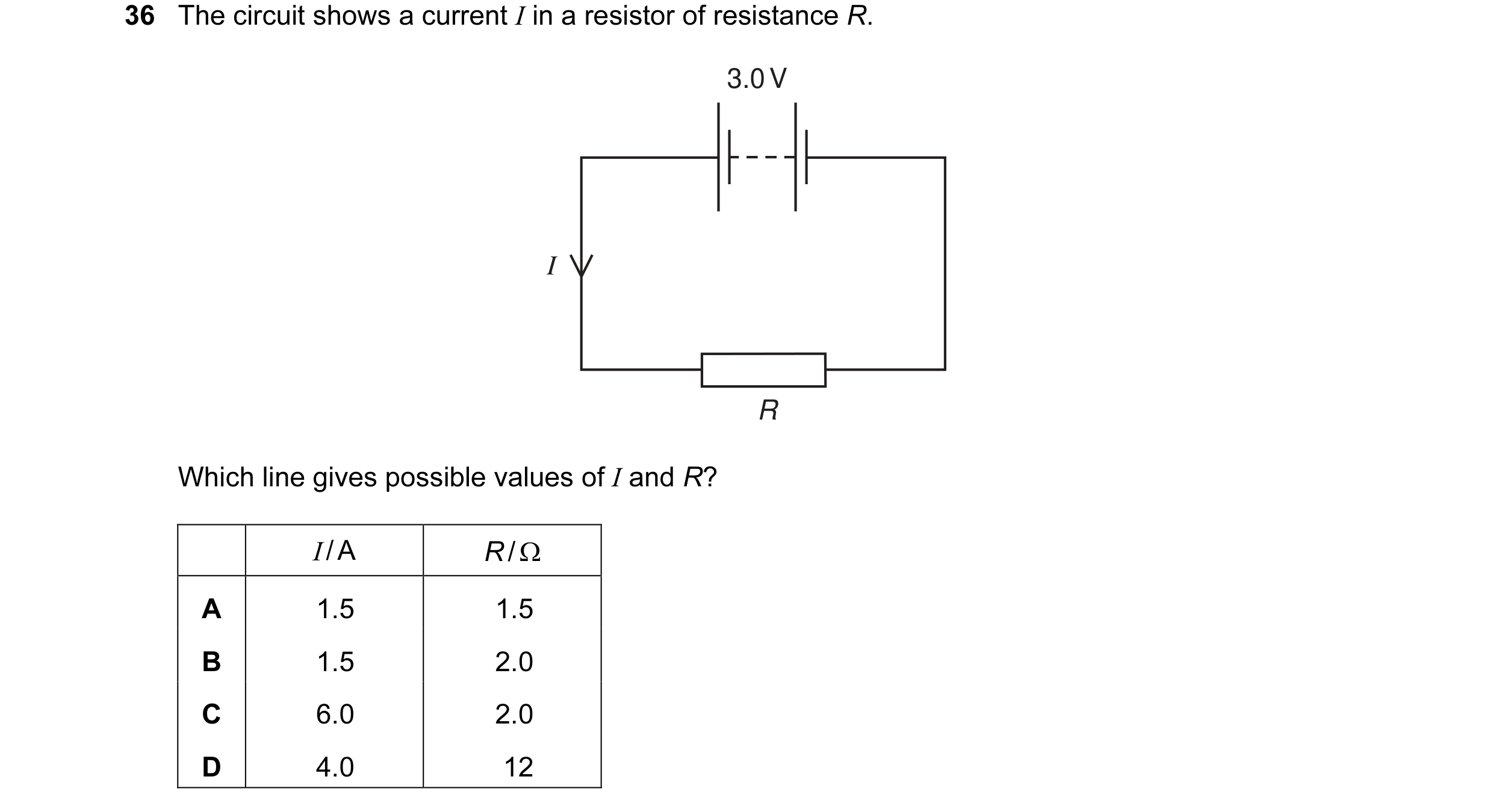 Question 9: The circuit shows a current I in a resistor of resistance R. 3.0 V I R Which line gives possible values of I and R? I / A R / Ω A 1.5 1.5 B…
