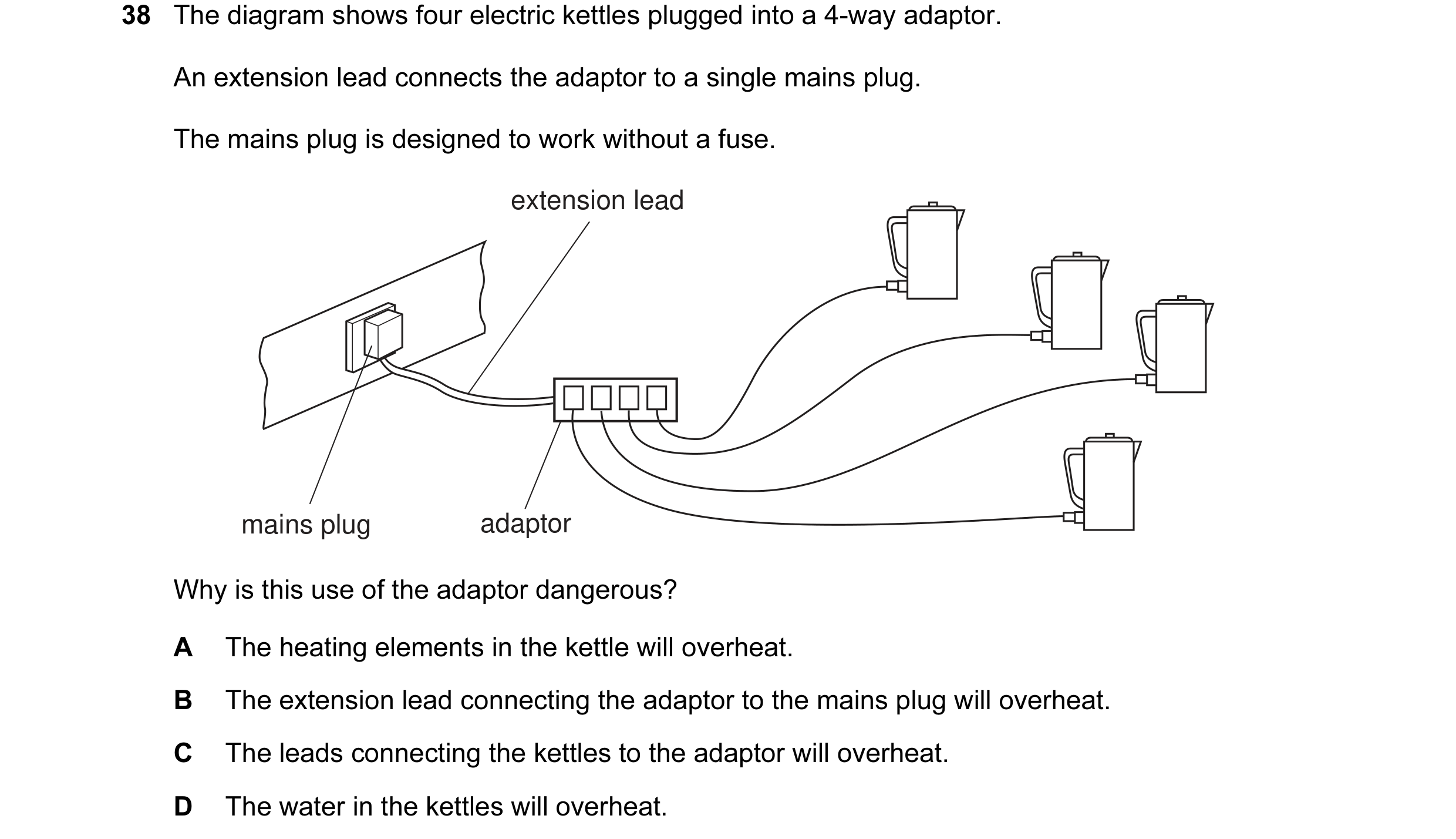 Question 5: The diagram shows four electric kettles plugged into a 4-way adaptor. An extension lead connects the adaptor to a single mains plug. The ma…
