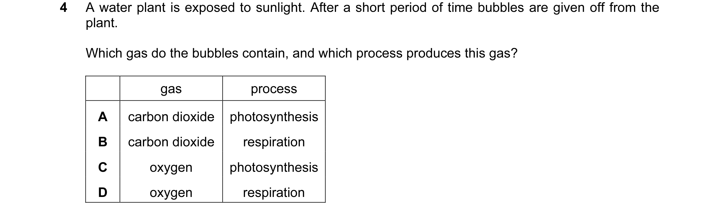 Question 7: A water plant is exposed to sunlight. After a short period of time bubbles are given off from the plant. Which gas do the bubbles contain, …