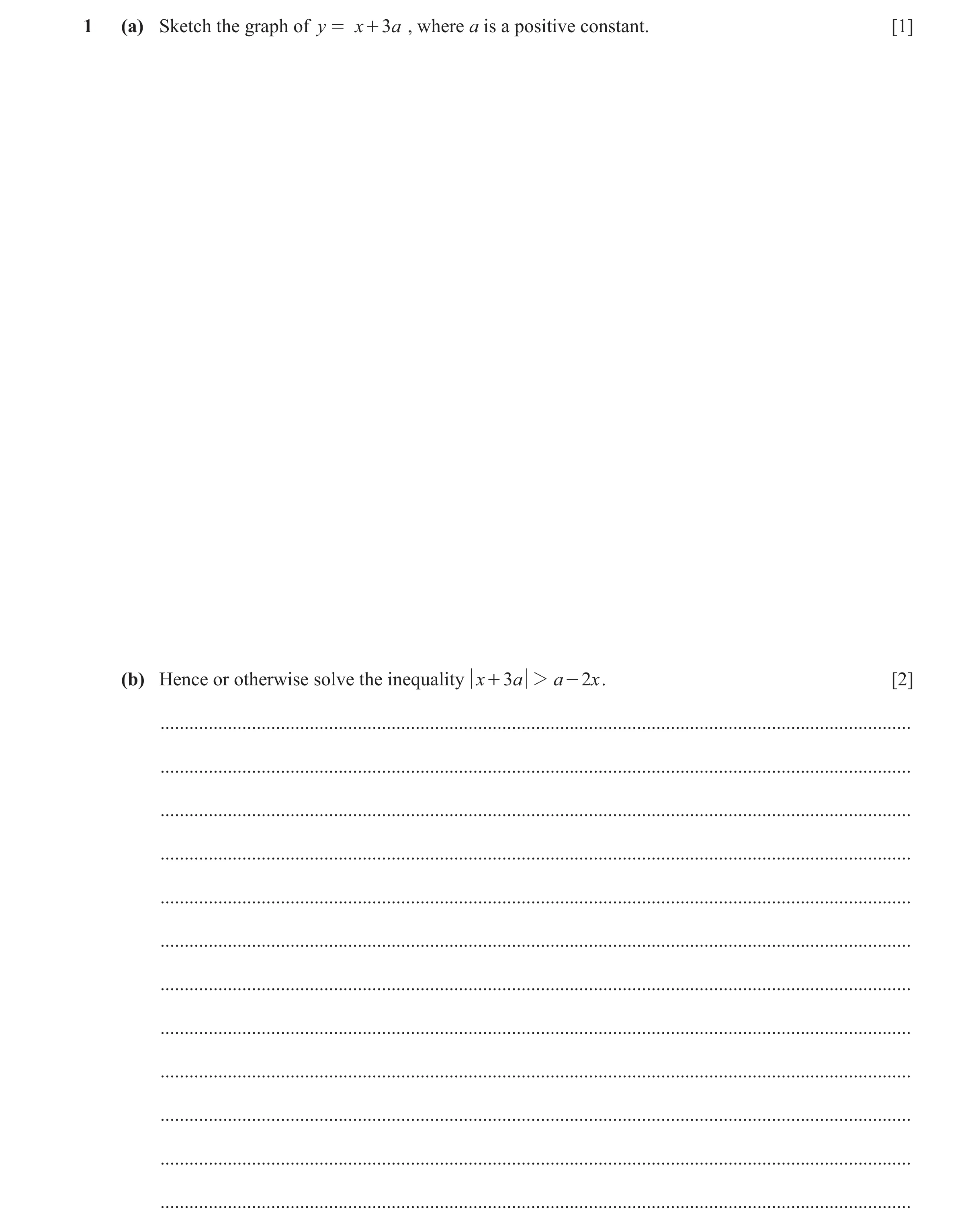Question 23: (a) Sketch the graph of y = x + 3a , where a is a positive constant. [1] (b) Hence or otherwise solve the inequality x + 3a 2 a - 2 x . [2]…