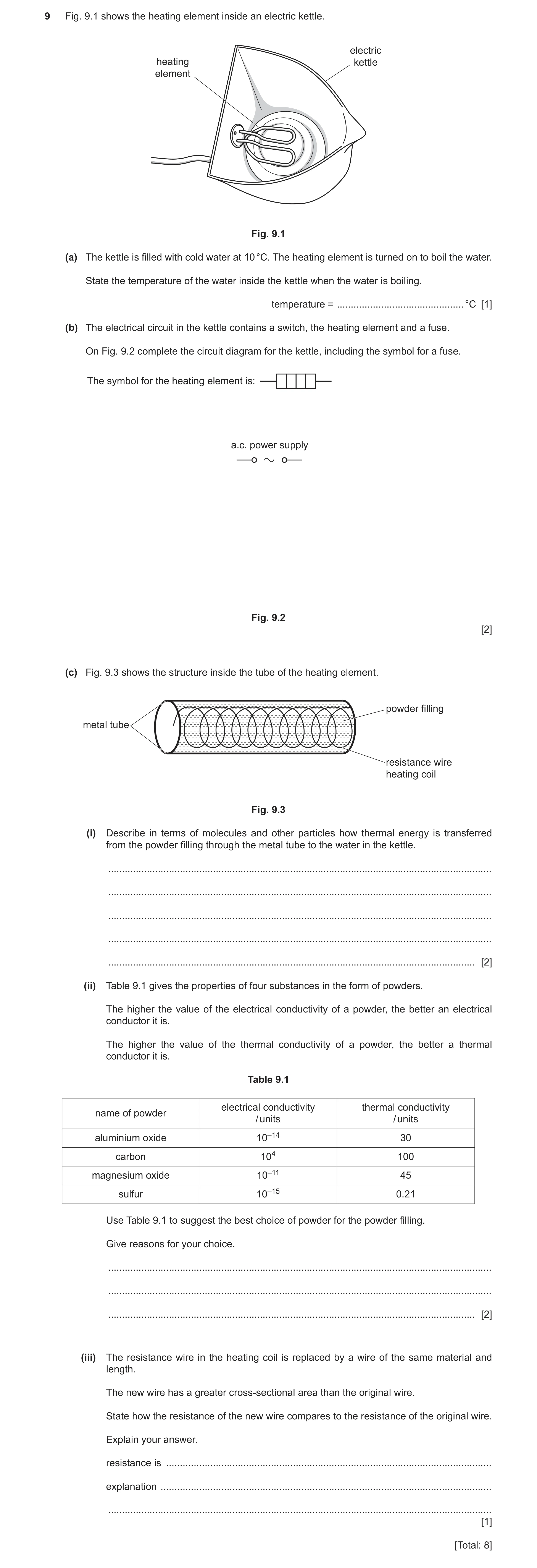 Question 14: Fig. 9.1 shows the heating element inside an electric kettle. electric heating kettle element Fig. 9.1 (a) The kettle is filled with cold w…