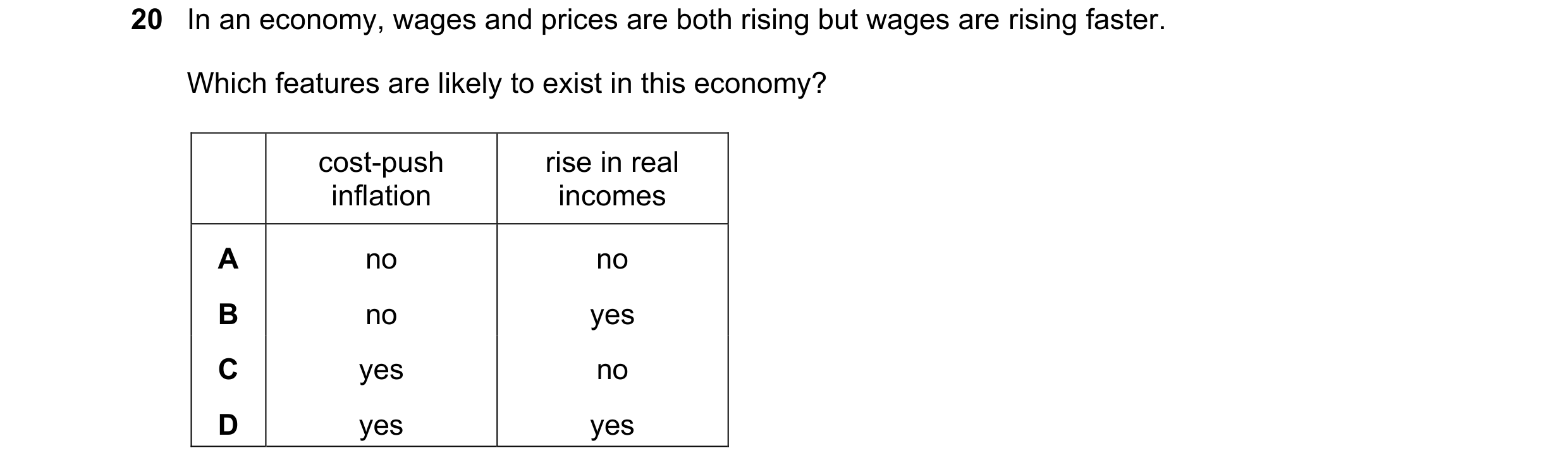Question 56: In an economy, wages and prices are both rising but wages are rising faster. Which features are likely to exist in this economy? cost-push …