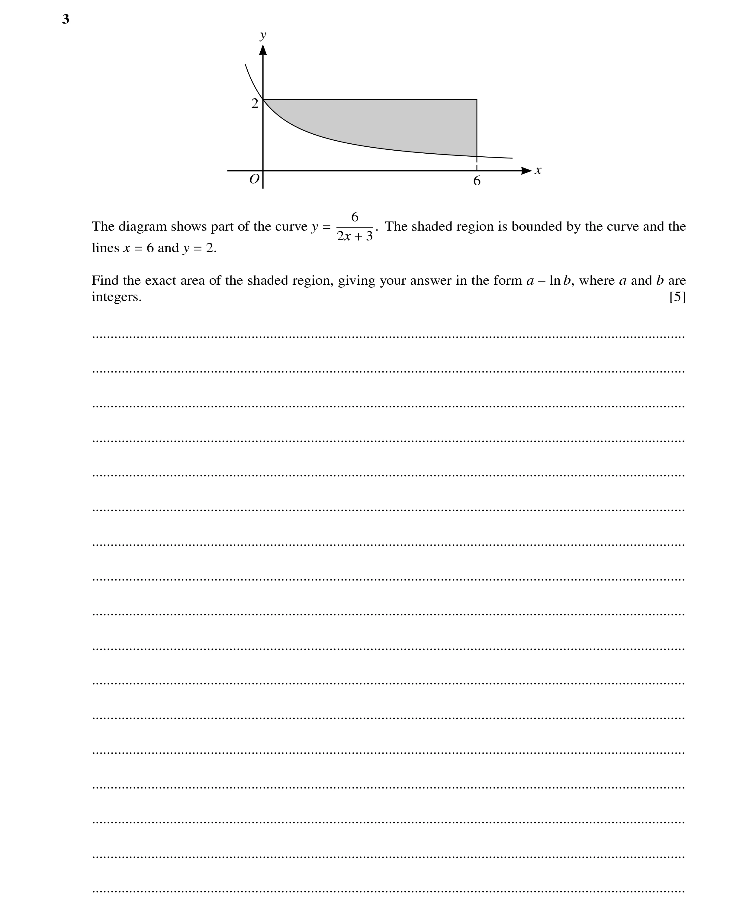 Question 81: y 2 x O 6 6 The diagram shows part of the curve y The shaded region is bounded by the curve and the = 2x 3. + lines x 6 and y 2. = = Find t…