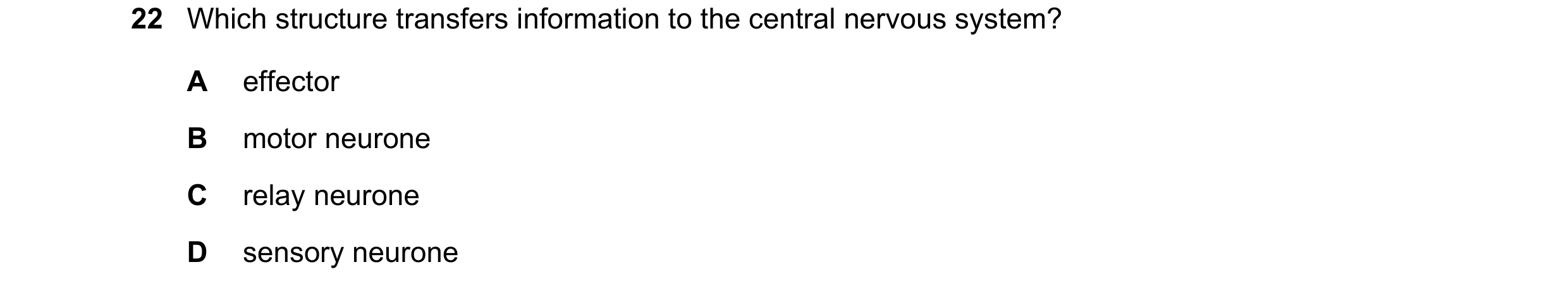 Question 11: Which structure transfers information to the central nervous system? A effector B motor neurone C relay neurone D sensory neurone