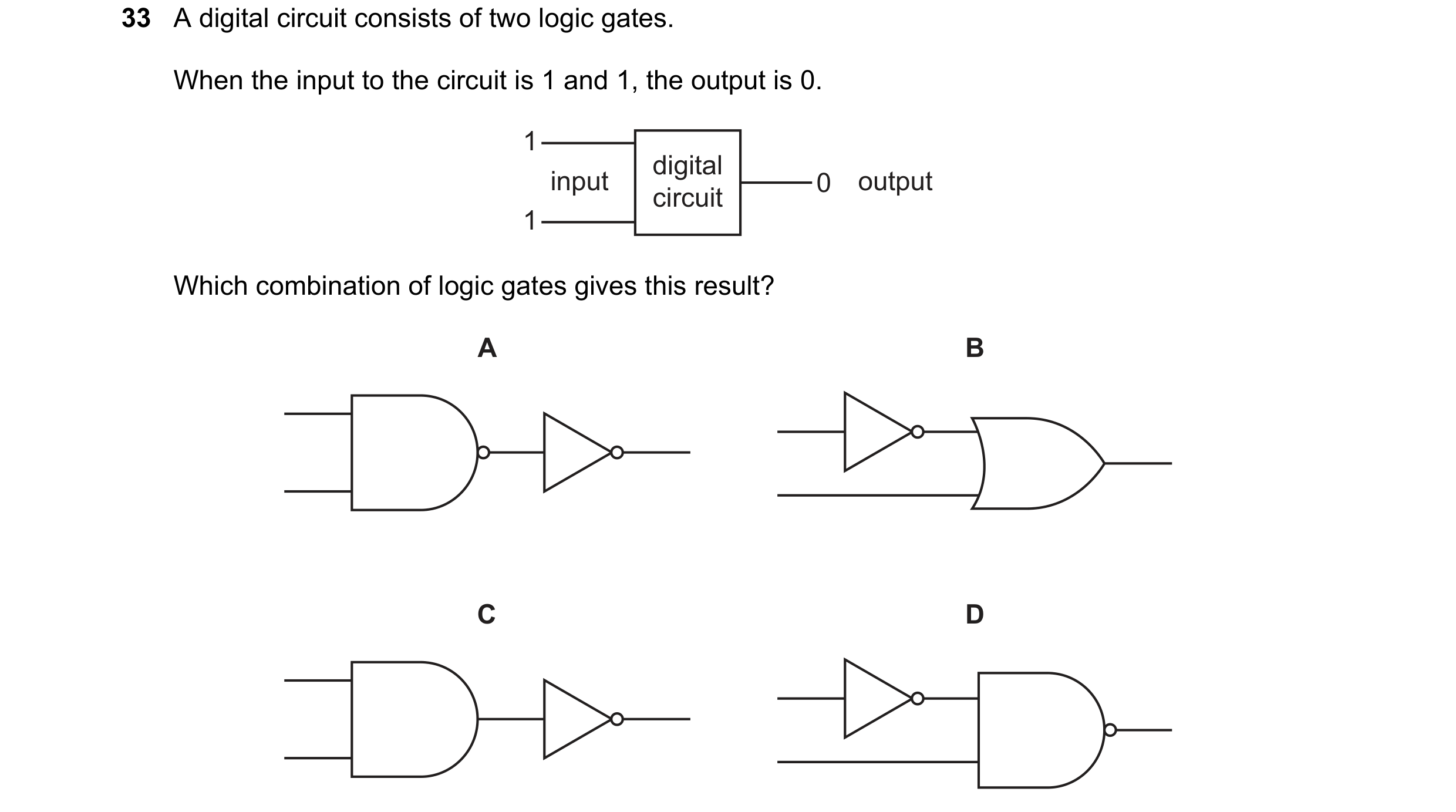 Question 149: A digital circuit consists of two logic gates. When the input to the circuit is 1 and 1, the output is 0. 1 digital input 0 output circuit …
