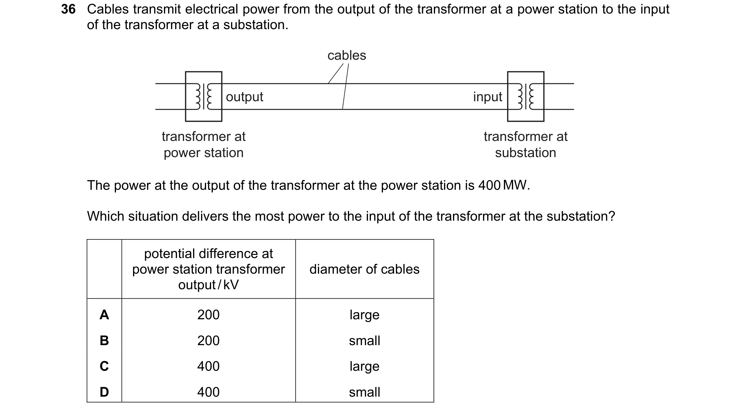 Question 78: Cables transmit electrical power from the output of the transformer at a power station to the input of the transformer at a substation. cab…