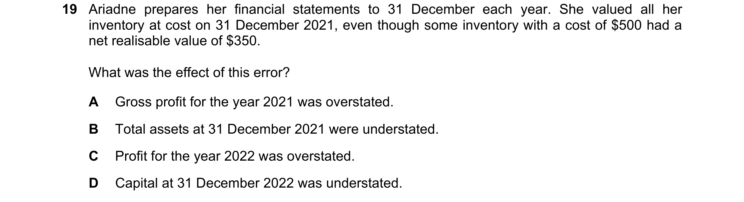 Question 35: Ariadne prepares her financial statements to 31 December each year. She valued all her inventory at cost on 31 December 2021, even though s…
