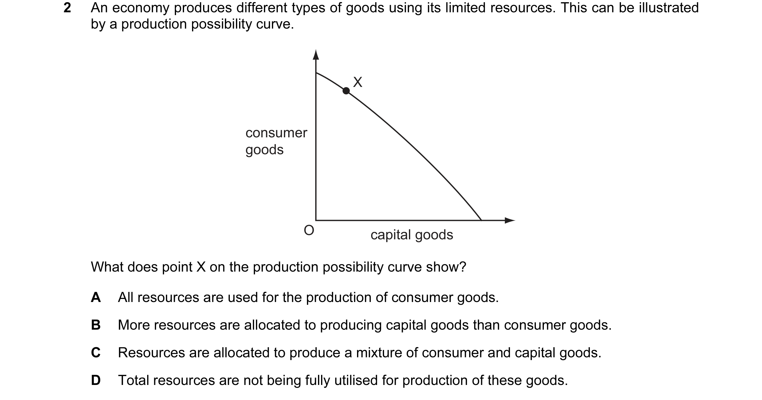 Question 6: An economy produces different types of goods using its limited resources. This can be illustrated by a production possibility curve. X cons…