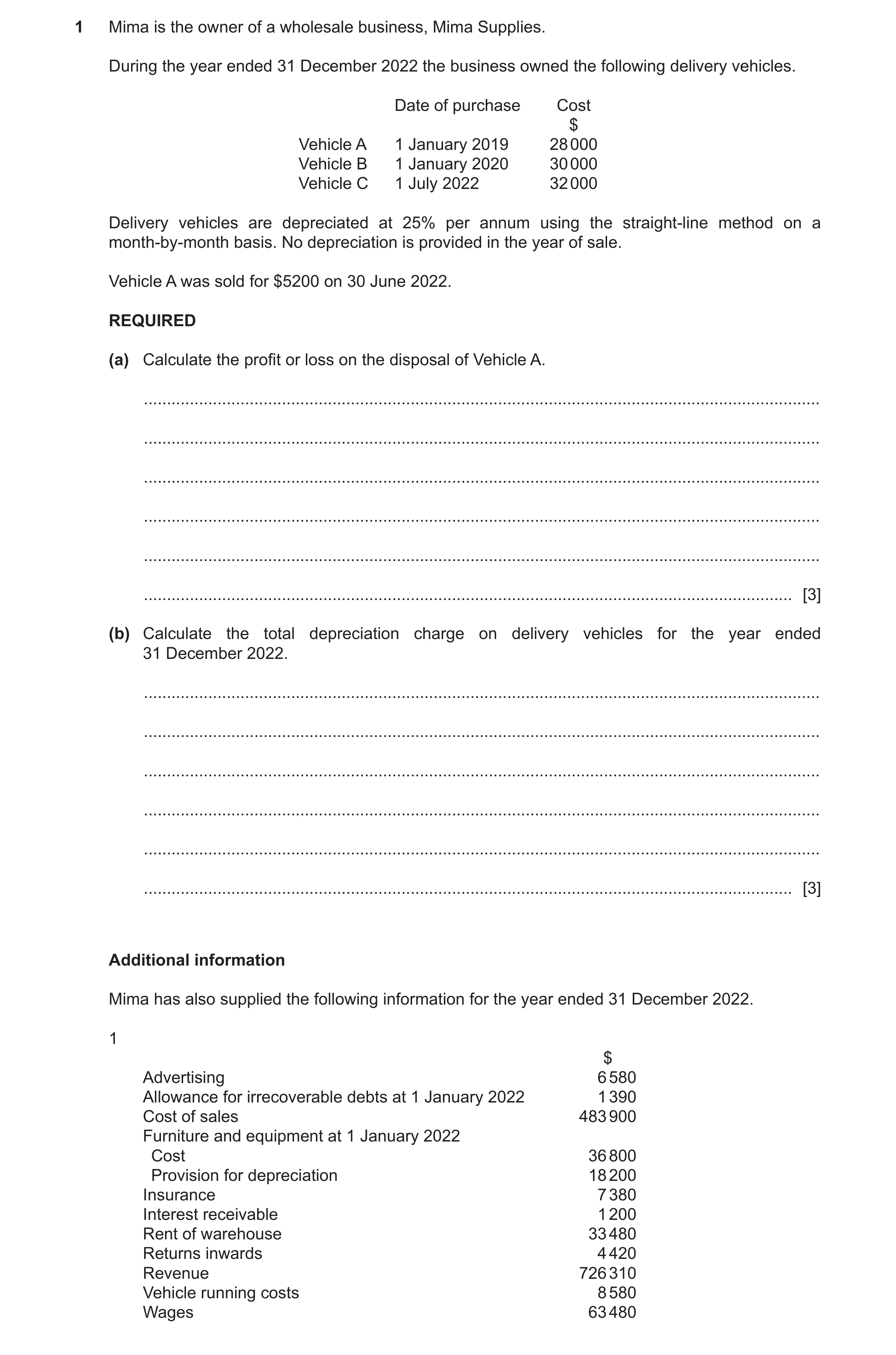 Question 34: Mima is the owner of a wholesale business, Mima Supplies. During the year ended 31 December 2022 the business owned the following delivery …