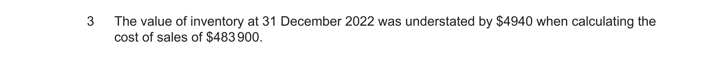 Question 38: The value of inventory at 31 December 2022 was understated by $4940 when calculating the cost of sales of $483 900.
