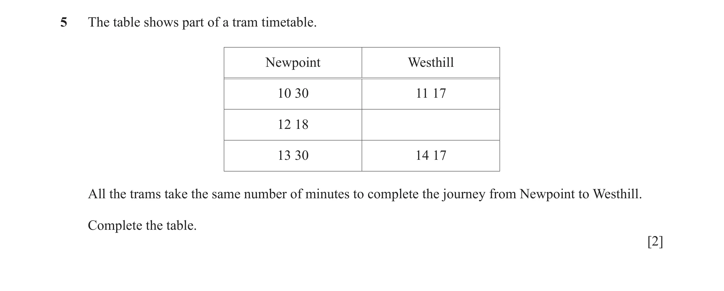 Question 32: The table shows part of a tram timetable. Newpoint Westhill 10 30 11 17 12 18 13 30 14 17 All the trams take the same number of minutes to …