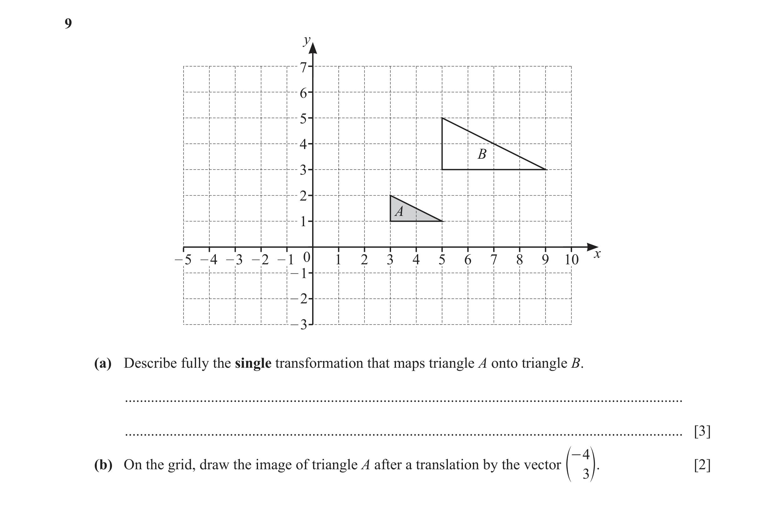 Question 34: y 7 6 5 4 B 3 2 A 1 x – 5 – 4 – 3 – 2 – 1 0 1 2 3 4 5 6 7 8 9 10 – 1 – 2 – 3 (a) Describe fully the single transformation that maps triangl…