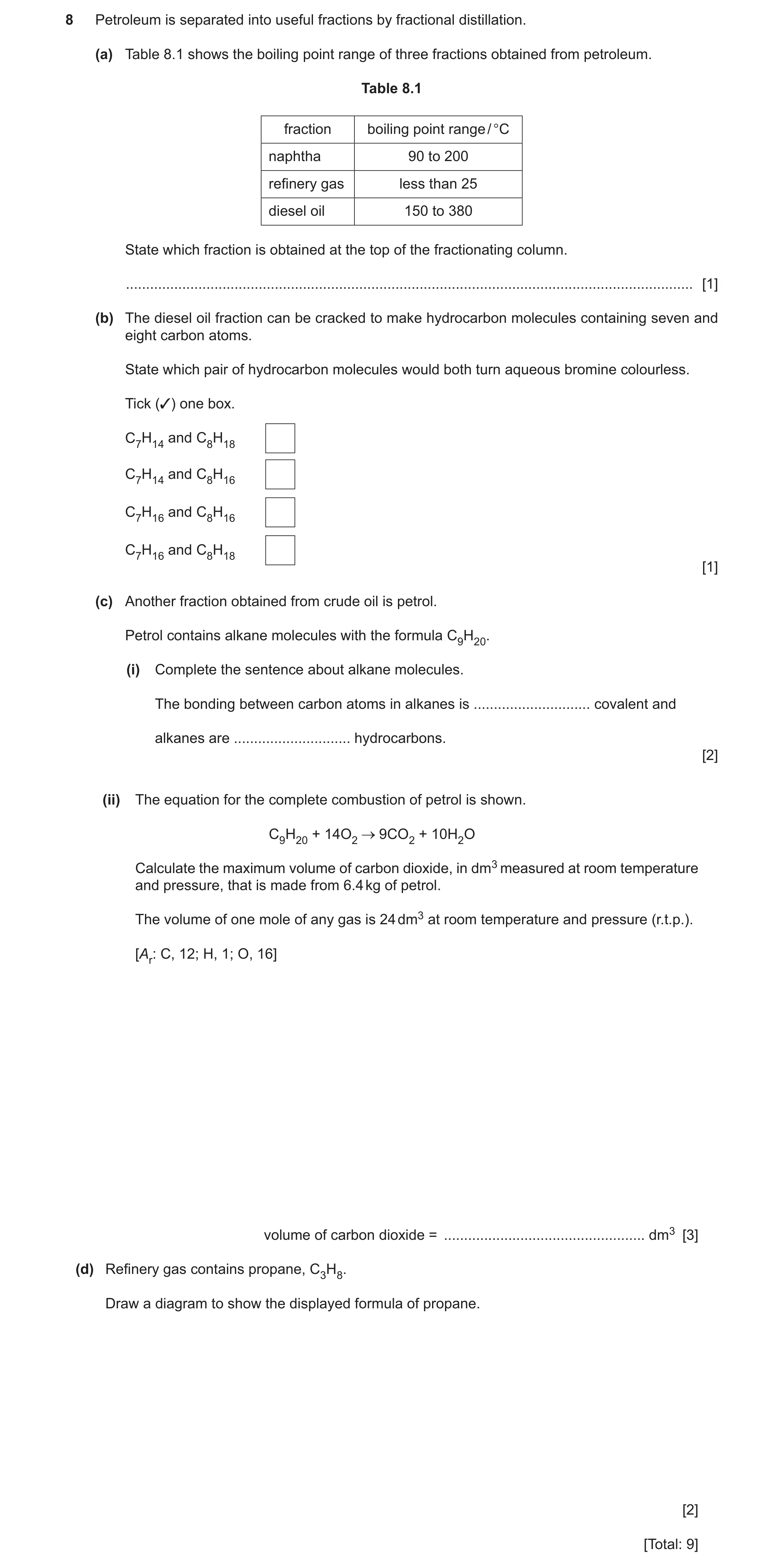Question 22: Petroleum is separated into useful fractions by fractional distillation. (a) Table 8.1 shows the boiling point range of three fractions obt…
