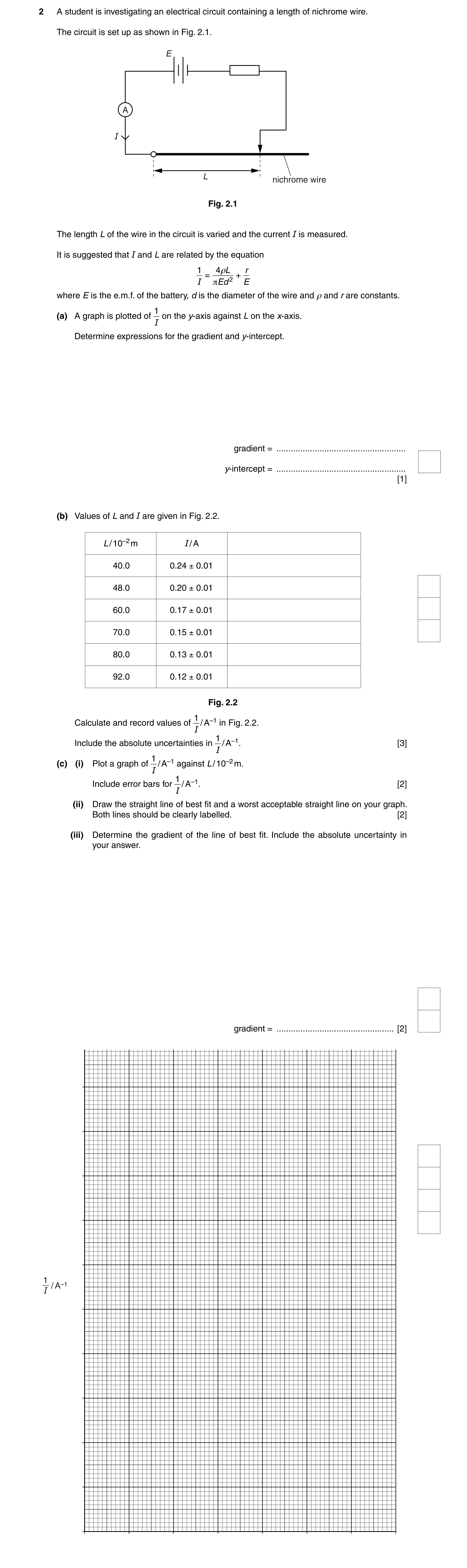 Question 21: A student is investigating an electrical circuit containing a length of nichrome wire. The circuit is set up as shown in Fig. 2.1. E A I L …