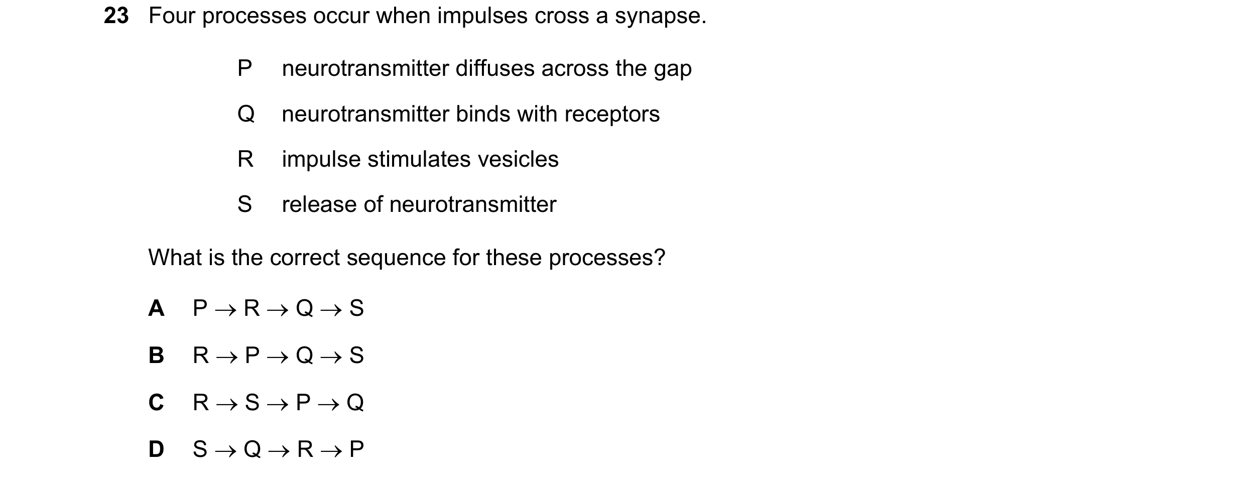 Question 1: Four processes occur when impulses cross a synapse. P neurotransmitter diffuses across the gap Q neurotransmitter binds with receptors R im…