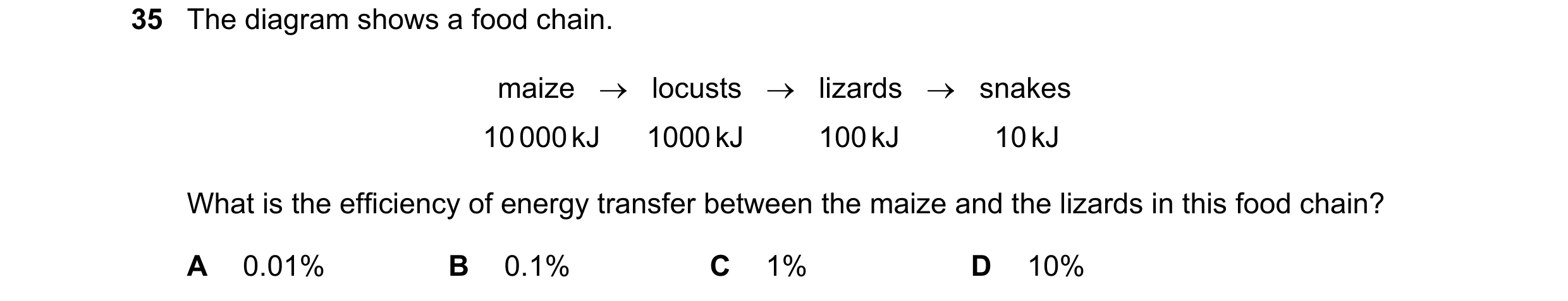 Question 1: The diagram shows a food chain. maize → locusts → lizards → snakes 10 000 kJ 1000 kJ 100 kJ 10 kJ What is the efficiency of ene…