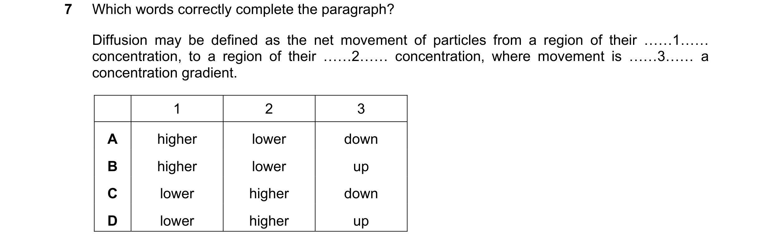 Question 1: Which words correctly complete the paragraph? Diffusion may be defined as the net movement of particles from a region of their ««1«« concen…
