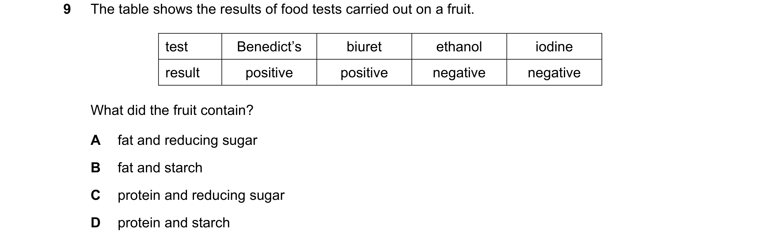 Question 1: The table shows the results of food tests carried out on a fruit. test Benedict’s biuret ethanol iodine result positive positive negative n…