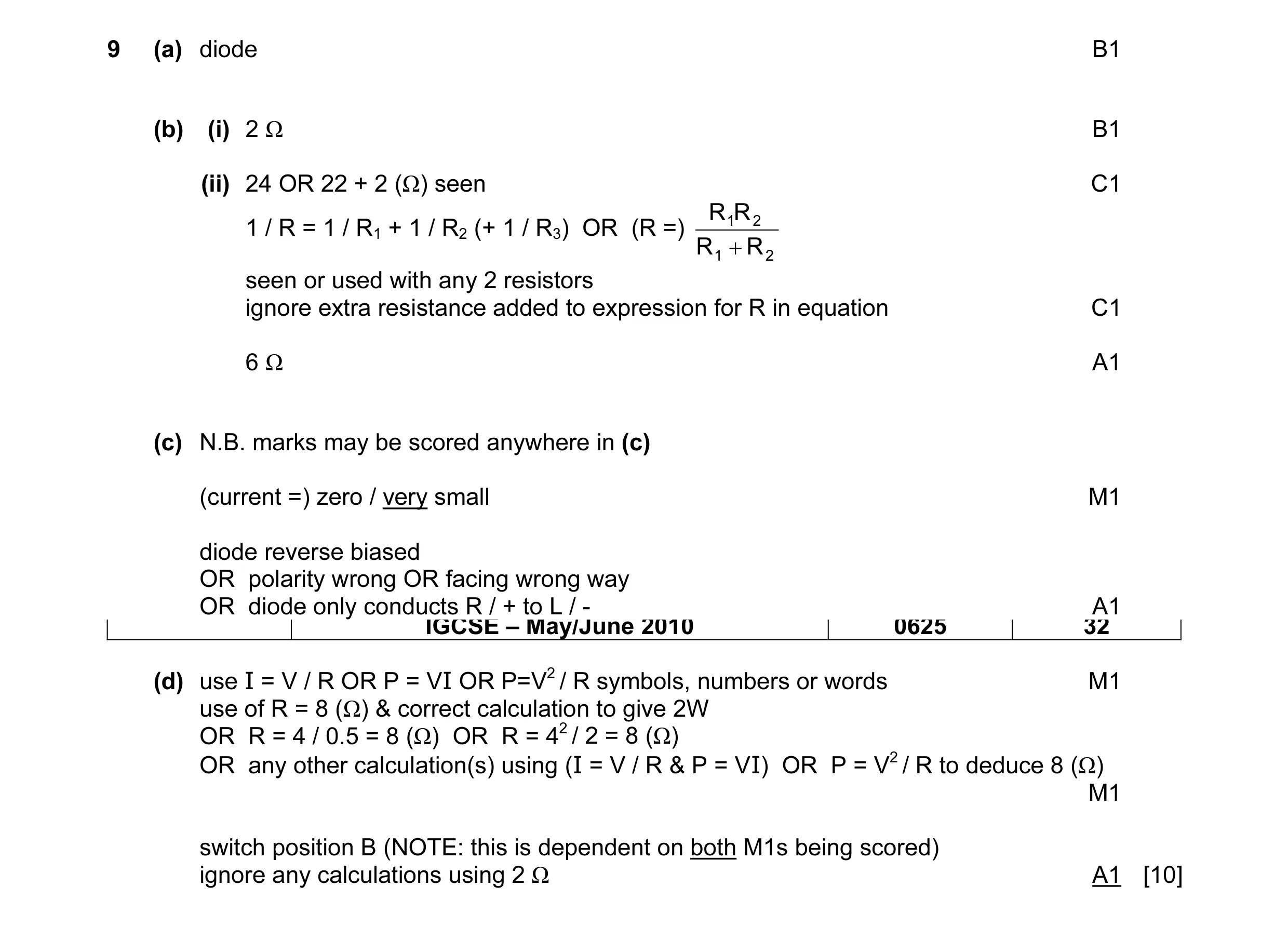 Mark scheme for question 16