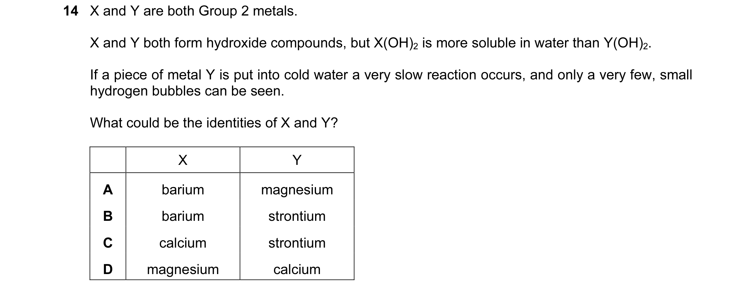 Question 112: X and Y are both Group 2 metals. X and Y both form hydroxide compounds, but X(OH)2 is more soluble in water than Y(OH)2. If a piece of meta…