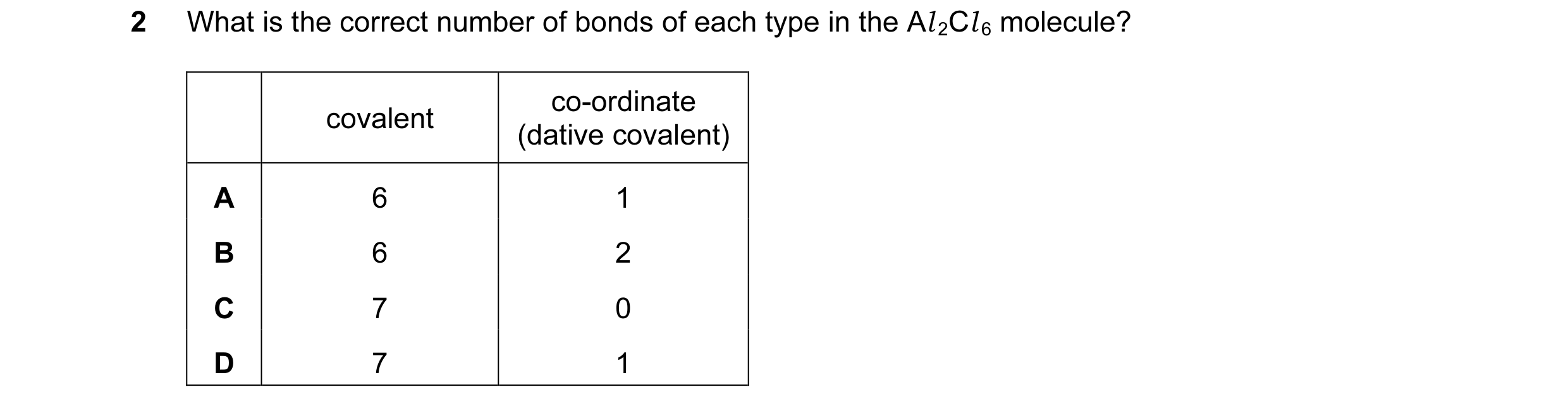 Question 45: What is the correct number of bonds of each type in the Al 2Cl 6 molecule? co-ordinate covalent (dative covalent) A 6 1 B 6 2 C 7 0 D 7 1