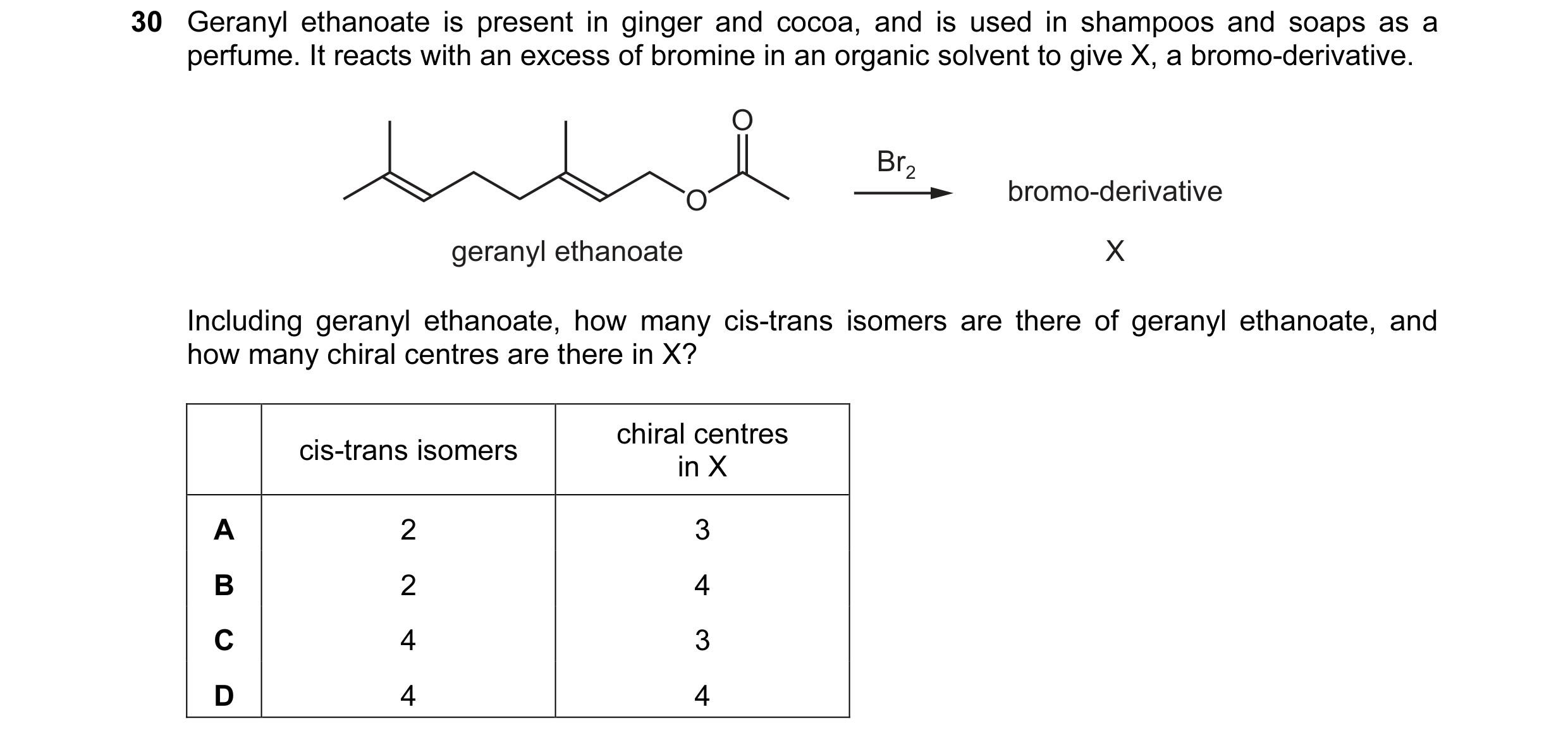 Question 90: Geranyl ethanoate is present in ginger and cocoa, and is used in shampoos and soaps as a perfume. It reacts with an excess of bromine in an…
