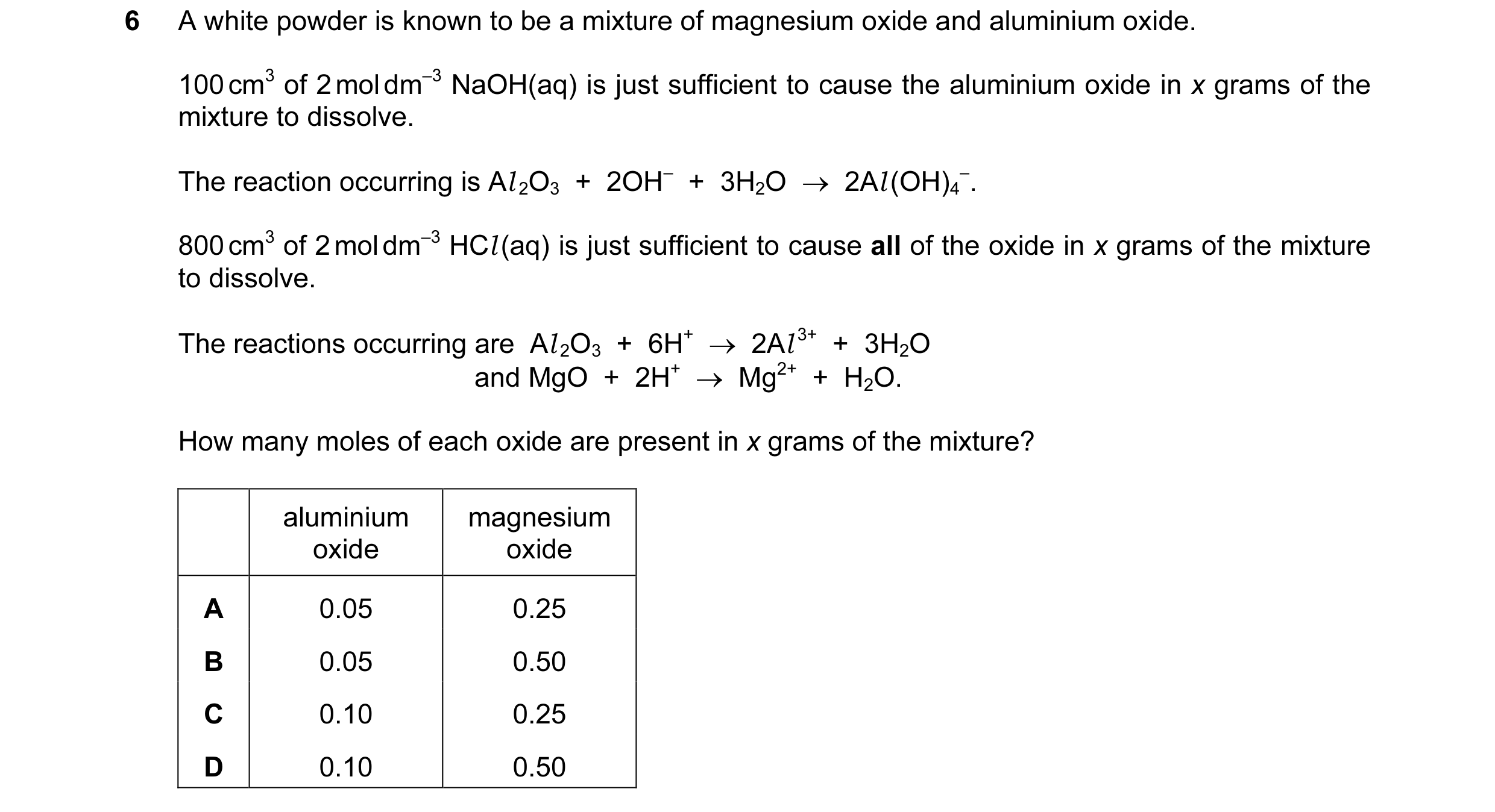 Question 111: A white powder is known to be a mixture of magnesium oxide and aluminium oxide. 100 cm3 of 2 mol dm–3 NaOH(aq) is just sufficient to cause …