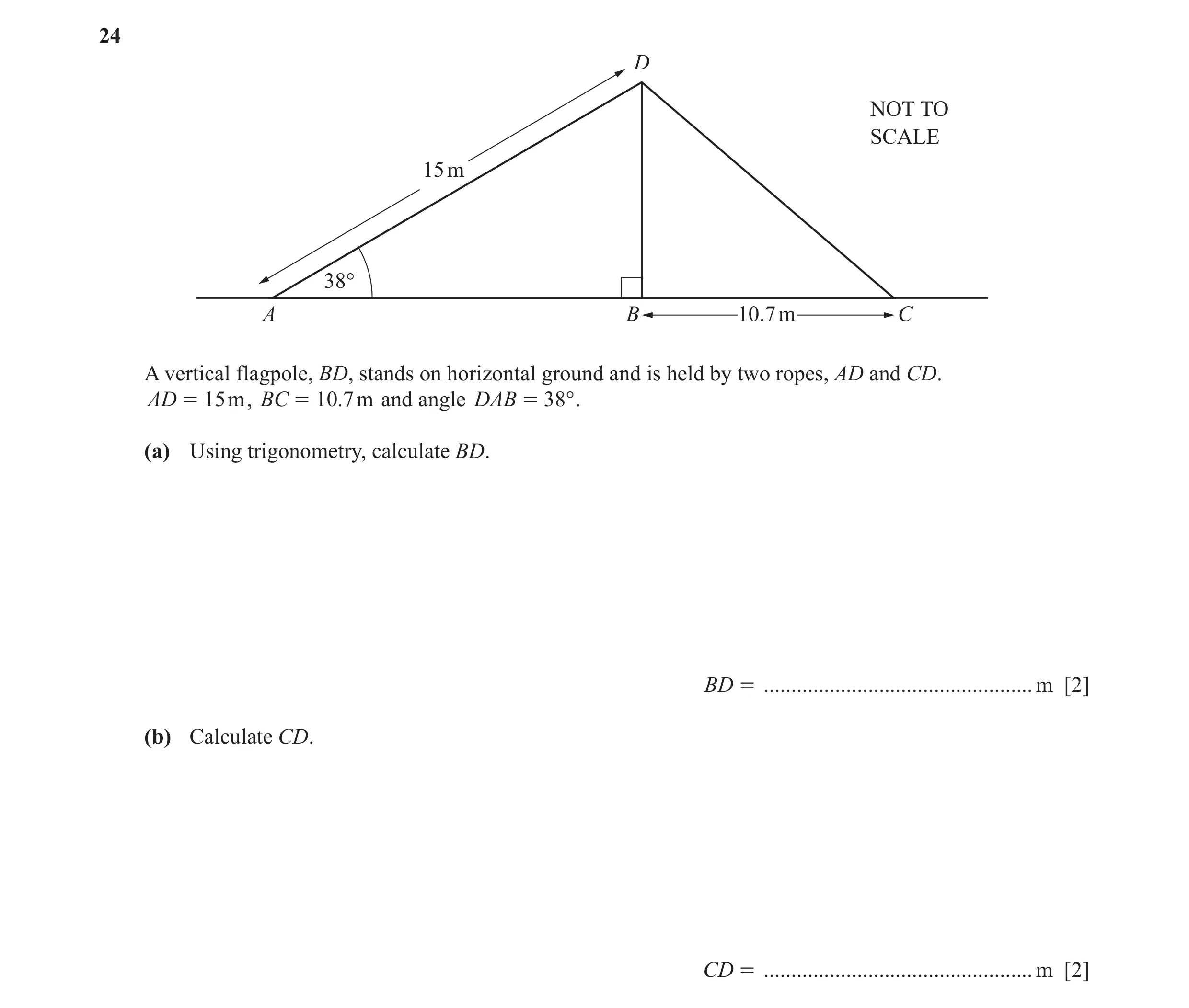 Question 22: D NOT TO SCALE 15 m 38° A B 10.7 m C A vertical flagpole, BD, stands on horizontal ground and is held by two ropes, AD and CD. AD = 15m , B…