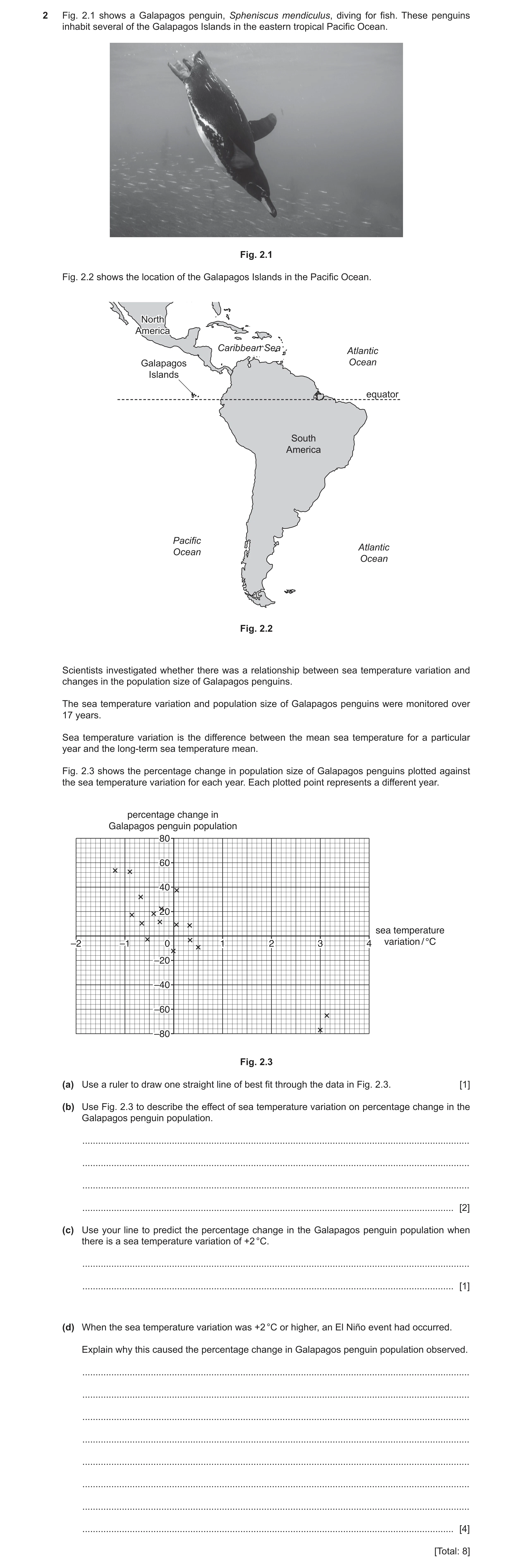 Question 16: Fig. 2.1 shows a Galapagos penguin, Spheniscus mendiculus, diving for fish. These penguins inhabit several of the Galapagos Islands in the …